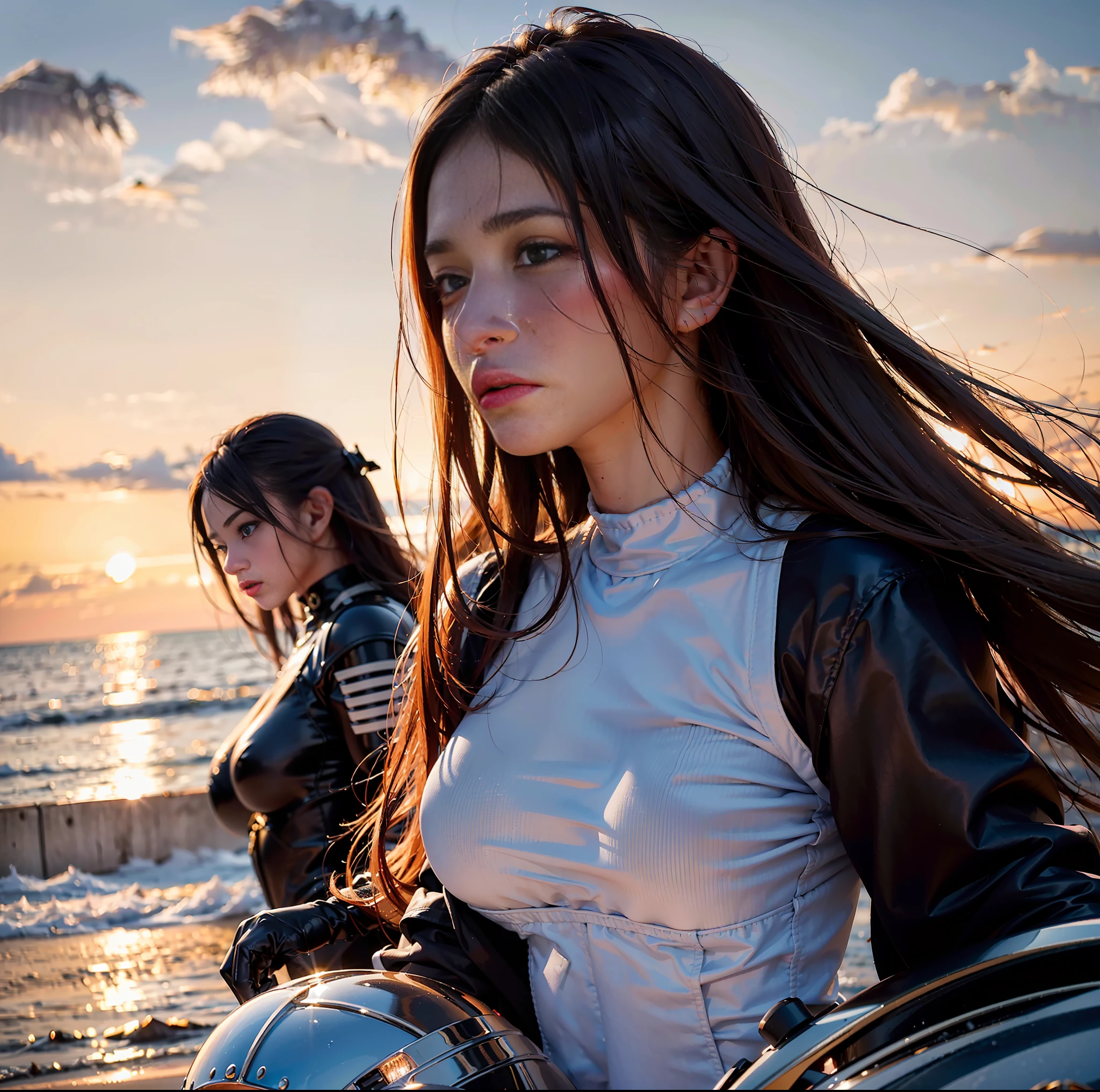 (top quality, masterpiece), 1girl, intricate details, (shading realistic lighting), huge file size, high resolution, elegant, realistic, (perfect anatomical depiction of the human body), teenage girl is stopping her motorcycle on the beach at dark sunset and looking somewhere, serious expression, the girl has whitening skin blue eyes and partially braided long hair is a brunette Japan, japanese, (the girl has very big), (the girl has super big), (the girl has a thin waist), (the girl has thin thighs), (the girl has a baby face), ((the girl wears a white bodysuit with smooth thin fabric)). (The girl's bodysuit has very cramped breasts), (The girl's white bodysuit has crimson lines on the outside of her limbs), (The girl wears a white bodysuit, red-white boots and gloves so she can't see any skin except her face), (The girl's bodysuit crushes her large breasts and spreads to the side), (Beautiful big blue eyes), (Thin and clear double eyelid lines in the eyes), ( Tear bags with glossy, plump and bright tones under the eyes), (pale blue iris), (some highlights on the iris and pupil), (red representation of the conjunctiva), (long eyelashes that are well visible), (taut swimsuit with super big), (skin and hair glistening in the setting sun from behind), (hair fluttering heavily in the strong sea breeze and shimmering in the backlight of the setting sun). ((The girl is standing in front of the motorcycle and looking into the distance)) , (shot showing the whole body, the motorcycle, the sea and the sunset), The motorcycle is a one-light naikit type, Holding a black helmet in one hand, The sun is dyed crimson on the horizon behind it, the sky has a gradient to a dark purple that is darker as it moves away from the crimson of the horizon, a very dark scene that is almost night, strong contrast between light and shadow, perfect hands, nice hands, mirage farina,