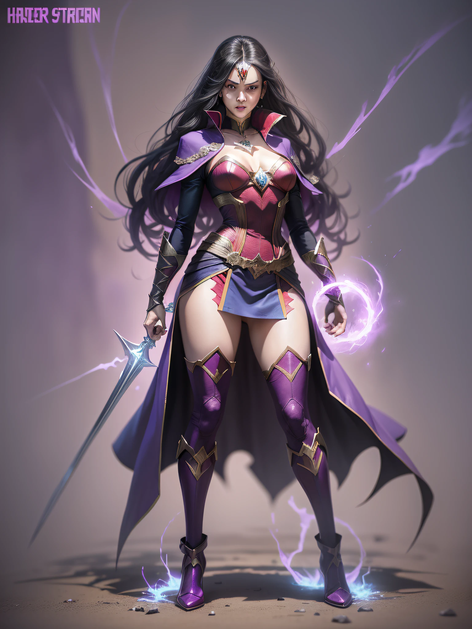 Full body character design No background Doctor Strange + Vampire 1 purple / mysterious / blood power. This character is a purple hero who has been bitten by a vampire and turned half-human, half-ghost, she has Wonder Woman's powers and weapons, and can also heal herself or control others with the power of blood.