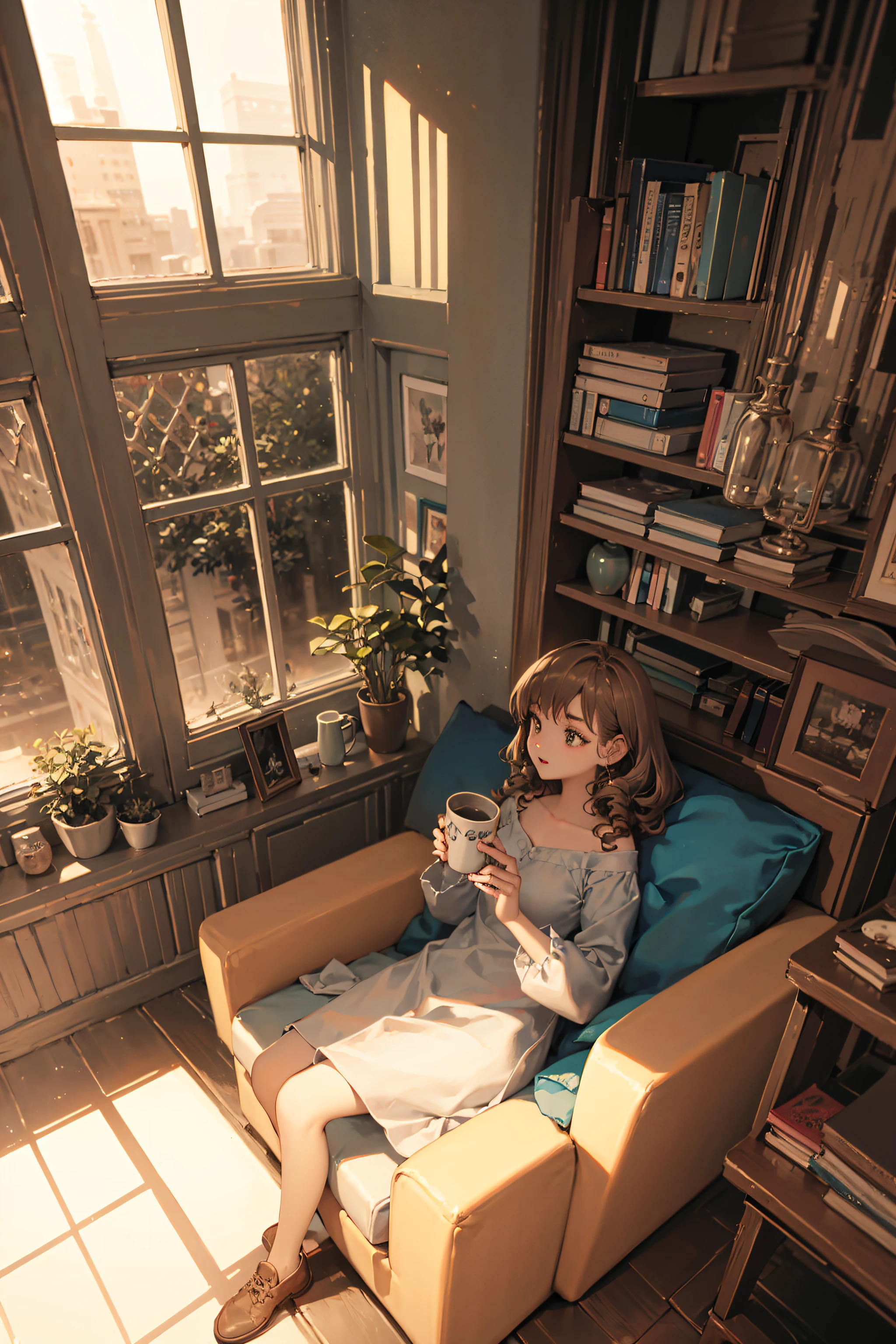 Nardack,In a spacious living room with large windows, a girl with curly brown hair sits on a comfortable couch, surrounded by books and with a cup of tea in her hand, lost in thought.