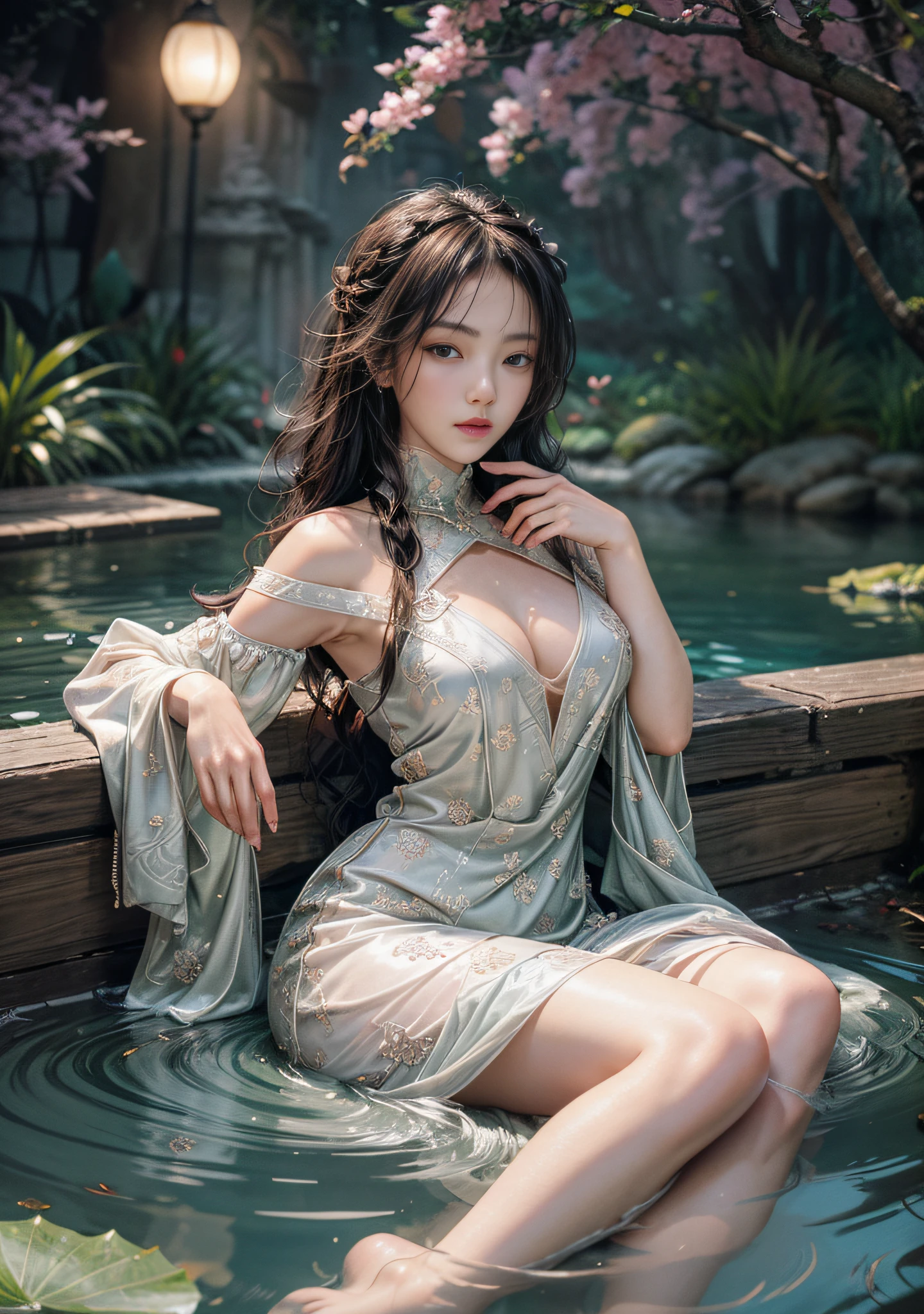 Sitting by a lake full of river lights, hands playing in the water, the art depicts a charming woman with 2 hands, 2 legs, a delicate face, a normal face, dressed in a flowing, silky traditional oriental dress, long, light purple, decorated with intricate patterns and bright colors. Her dress drapes elegantly over her curvy figure, accentuating her seductive silhouette. She sits gracefully by the tranquil lotus lake, her feet playing in the water, bathed in the soft glow of the moonlight. The scene exudes an ethereal and dreamy atmosphere, with a touch of mystery and sexiness. The graphic style blends watercolor and digital illustration techniques to evoke a refined beauty and charm. The lights are filled with soft moonlight, casting soft highlights and shadows on her charming features. Bare thighs, big breasts, three-dimensional facial features, sitting, upturned legs, 1 side braid, translucent turtleneck undershirt