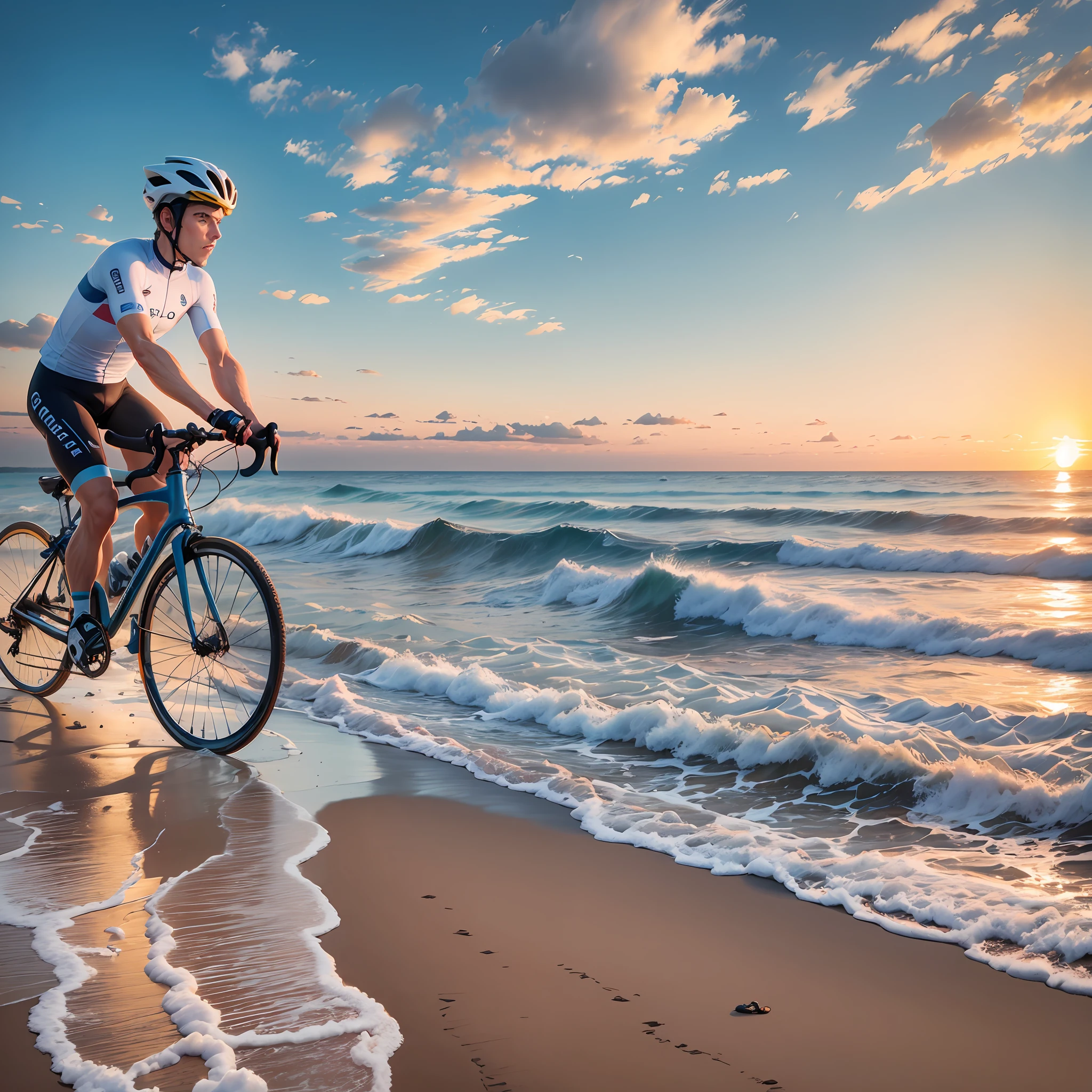 A cyclist cycling on a beach, opened sea, with waves and foams, during the sunrise. --auto --s2