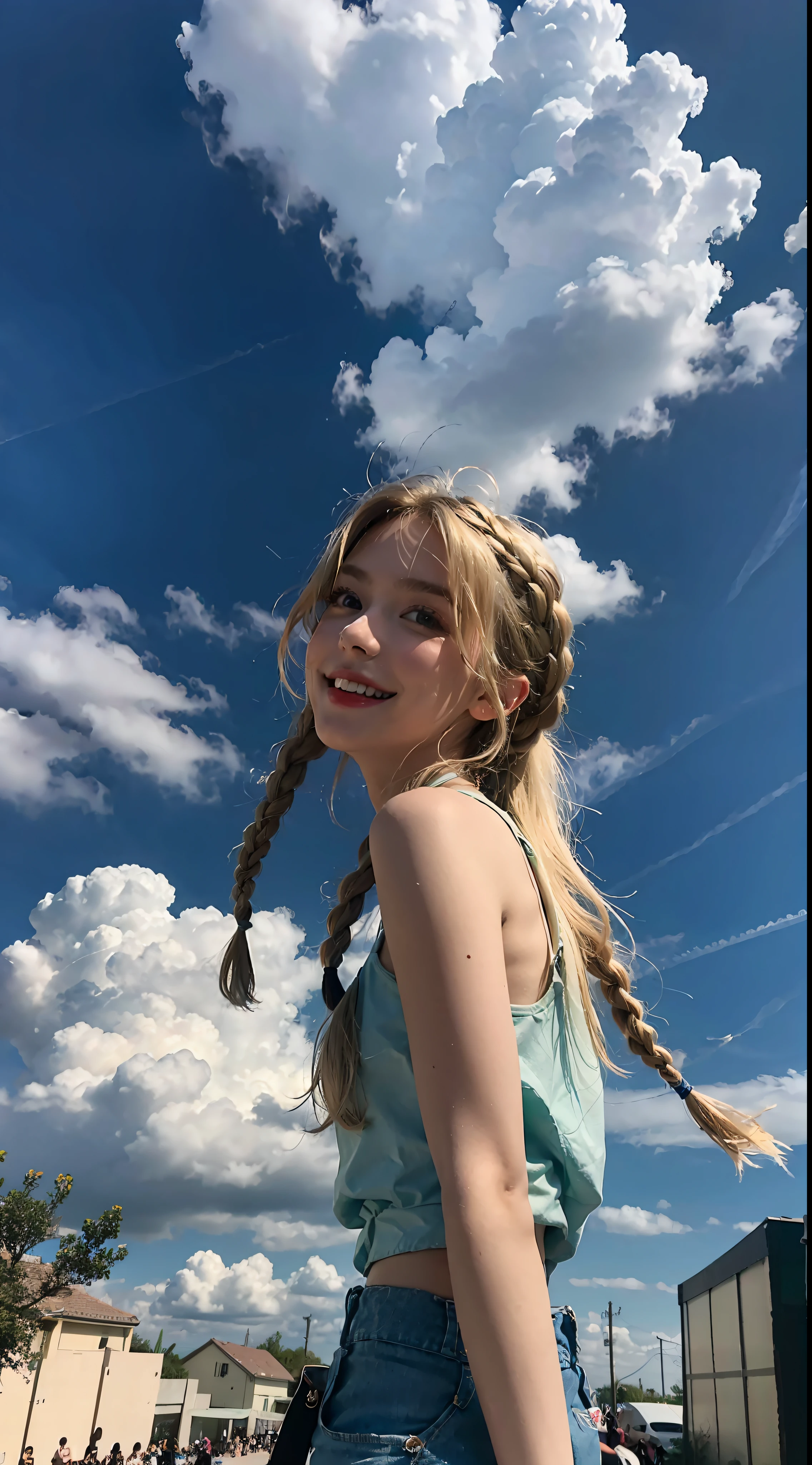 girl, solo, dress, blonde, green eyes, braids, shorts, outreach, first view, outdoors and looking at the audience, clouds, sky, smile, wind, shoot from below,