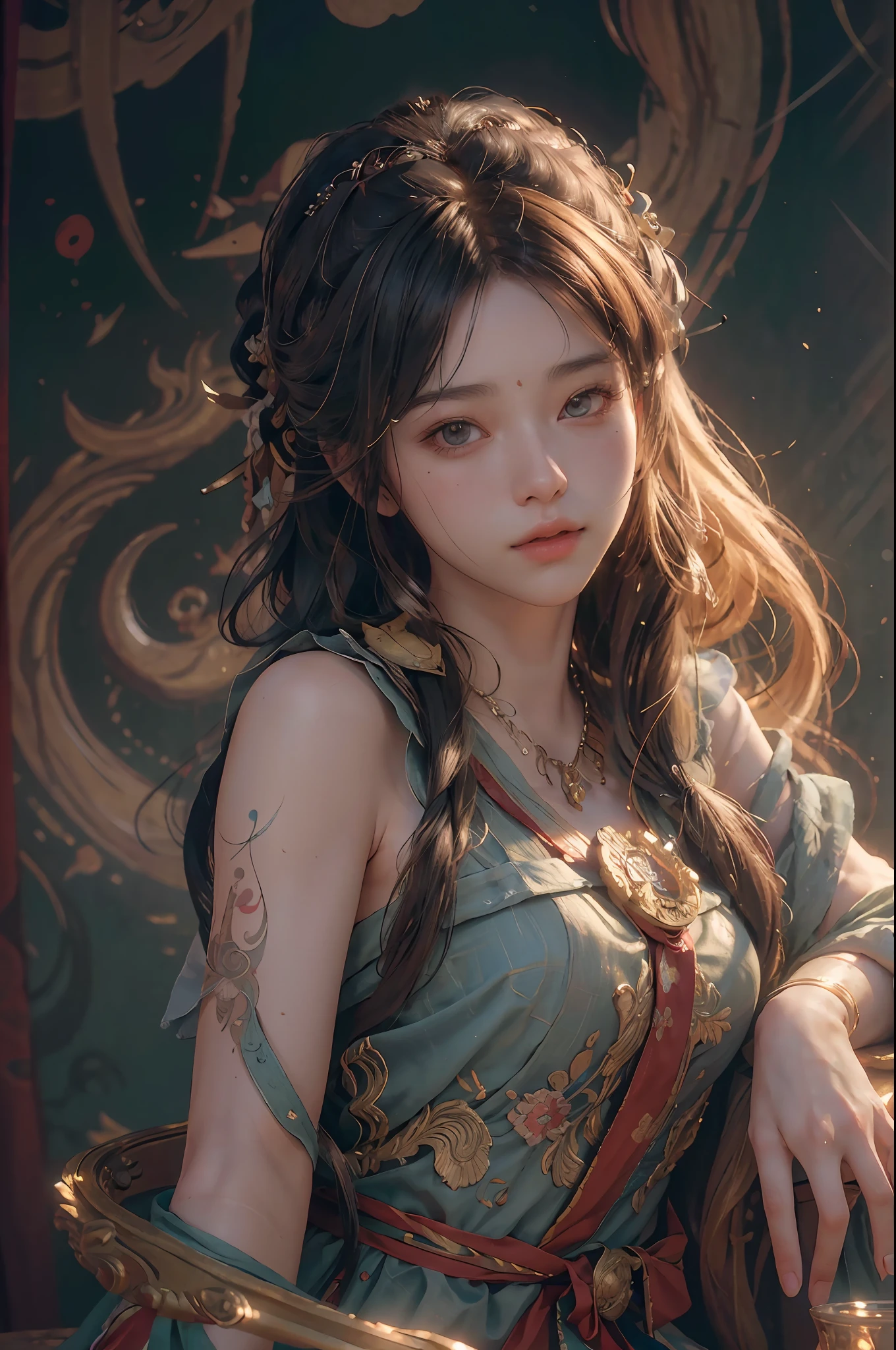 (RAW photo, best quality), (realistic, photo-realistic:1.3),best quality,highly detailed,masterpiece,ultra-detailed,illustration,1girl,upper_body,dynamic angle,world masterpiece theater,messy_long_hair,best quality,extremely detailed CG unity 8k wallpaper,ink,Amazing,cinematic lighting,lens_flare, dunhuang_style