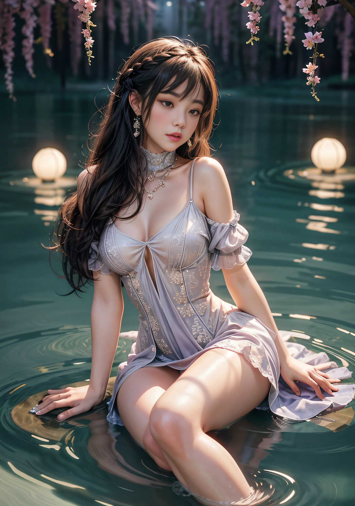 Sitting by a lake full of river lights, hands playing in the water, the art depicts a charming woman with 2 hands, 2 legs, a delicate face, a normal face, dressed in a flowing, silky traditional oriental dress, long, light purple, decorated with intricate patterns and bright colors. Her dress drapes elegantly over her curvy figure, accentuating her seductive silhouette. She sits gracefully by the tranquil lotus lake, her feet playing in the water, bathed in the soft glow of the moonlight. The scene exudes an ethereal and dreamy atmosphere, with a touch of mystery and sexiness. The graphic style blends watercolor and digital illustration techniques to evoke a refined beauty and charm. The lights are filled with soft moonlight, casting soft highlights and shadows on her charming features. Bare thighs, big breasts, three-dimensional facial features, sitting, upturned legs, 1 side braid, translucent turtleneck undershirt