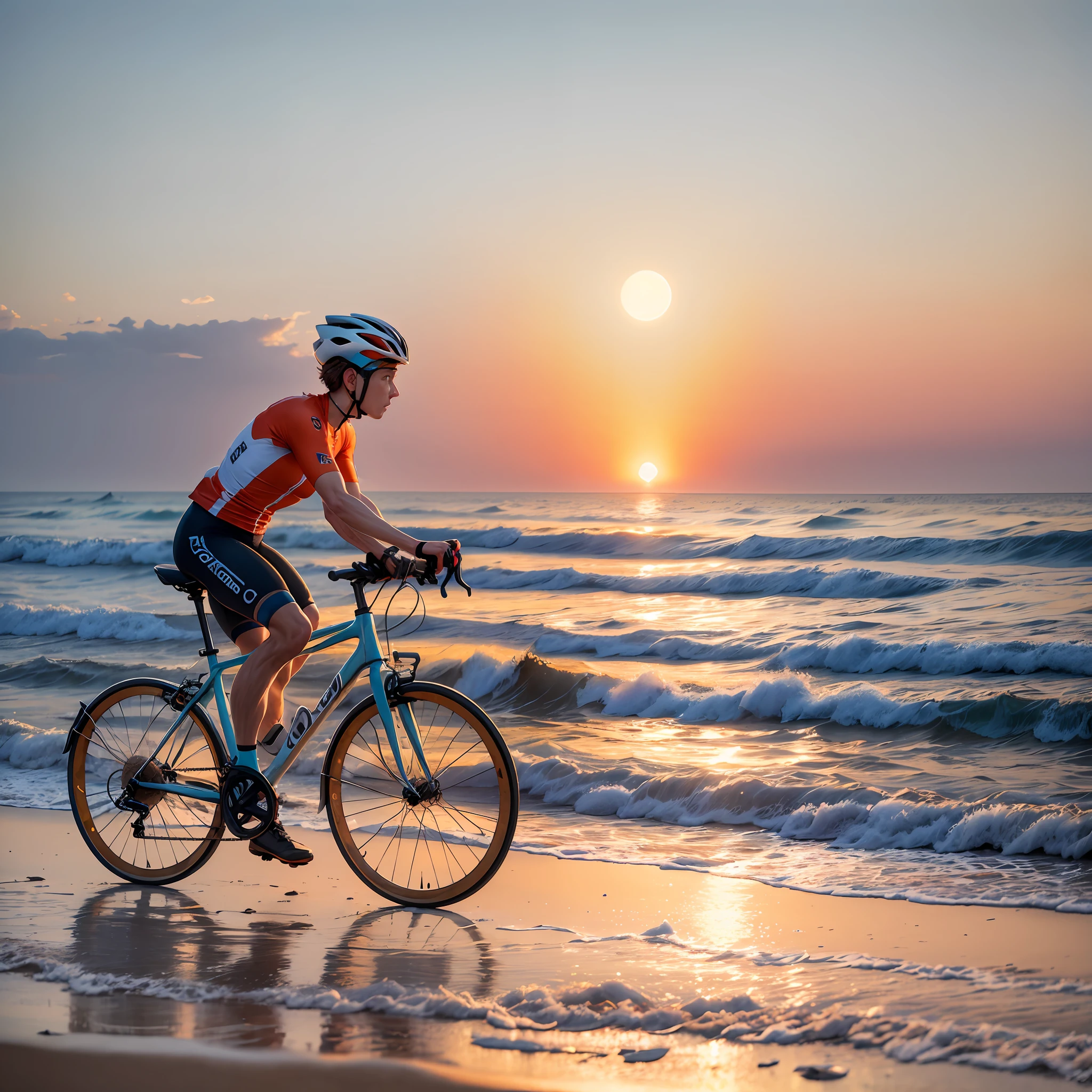 A cyclist cycling on a beach, opened sea, with waves and foams, during the sunrise. --auto --s2