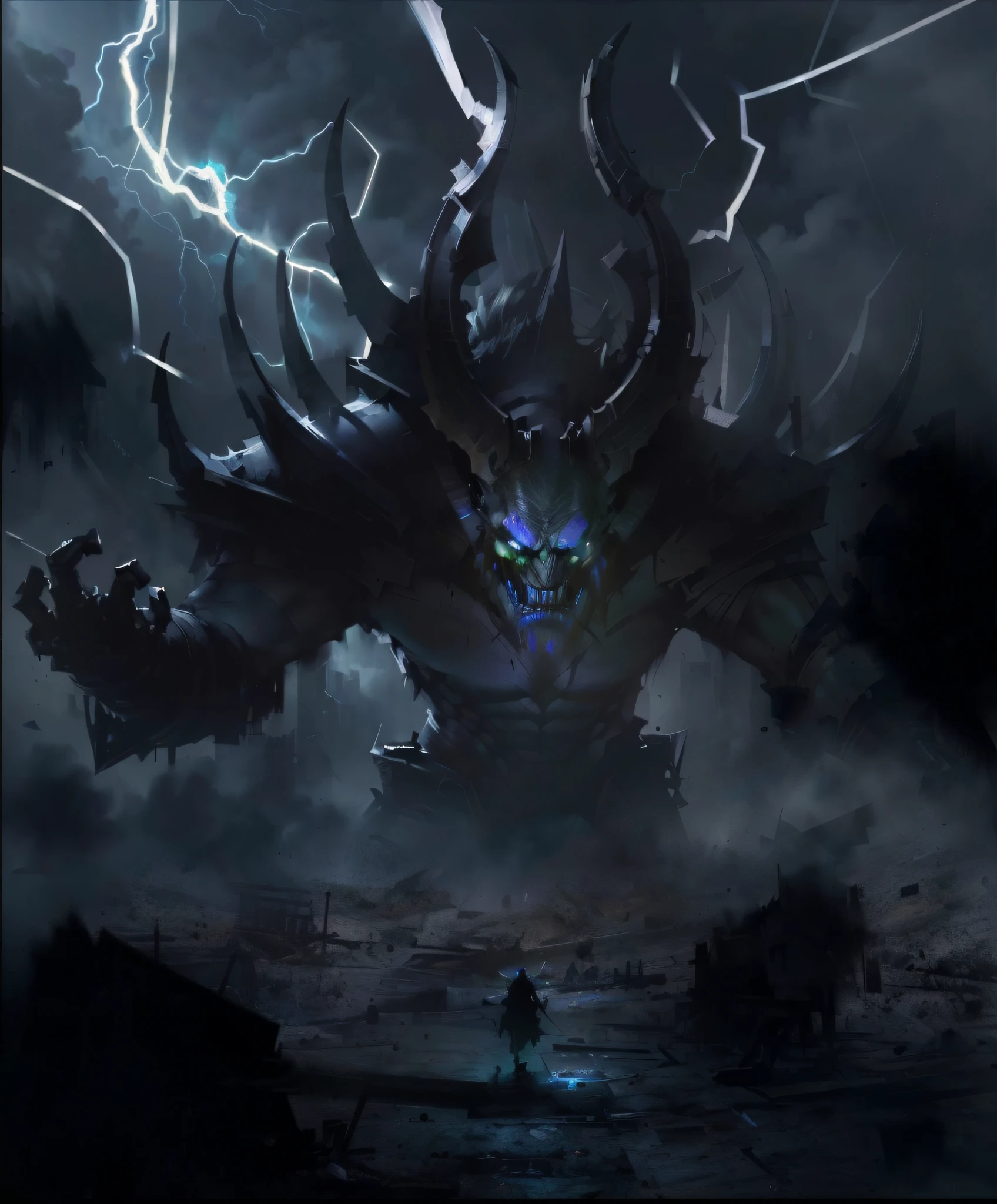 Best quality, masterpiece, night, thunderstorm, there is a big monster with a huge head and a huge body standing on a big pit in the ground, his face glows blue light, Demon Souls concept art, Dark Concept Art, Diablo digital concept art, Dota 2 concept art, Dramatic concept art, Dark Souls concept, Diablo concept art, Ominous fantasy illustration, Monster concept art, League of Legends concept art, Riot game concept art, Dark fantasy concept art, Dark Souls concept art, black and blue, drawn by Nguyen Jia,