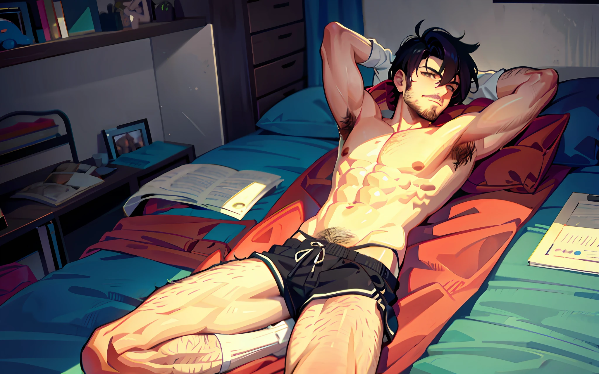 A young man, hairy, shirtless and only in his underwear showing his armpits. In his room with underwear and socks thrown on the floor
