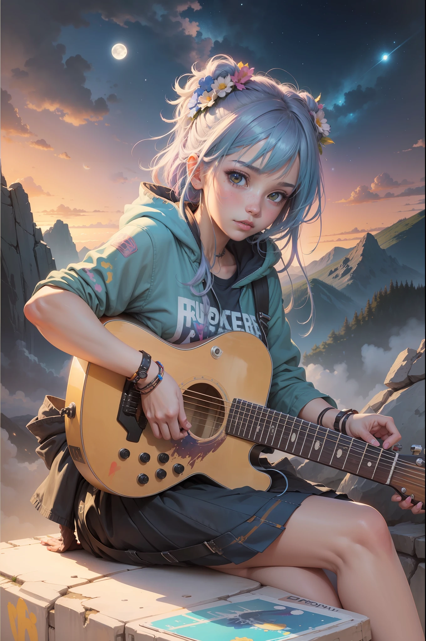 Beautiful anime watercolorpainting of summerpunk girl. Sitting on a top of a mountain playing Guitar, full moon sky, dark night Background, paint dripping by tim okamura, victor nizovtsev, greg rutkowski, noah bradley. trending on artstation, 8k, masterpiece, graffiti paint, fine detail, full of color, intricate detail, golden ratio illustration, --auto --s2
