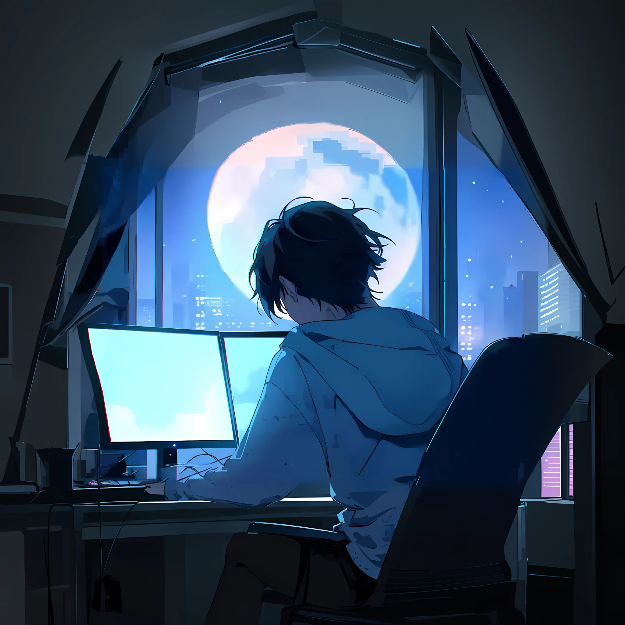 anime boy sitting at a desk with a computer and a monitor, anime aesthetic, 4k anime wallpaper, anime wallpaper 4k, anime wallpaper 4 k, anime art wallpaper 8 k, anime wallaper, anime background, high quality anime artstyle, nightcore, anime lover, anime art wallpaper 4 k, anime art wallpaper 4k, aesthetic award winning anime