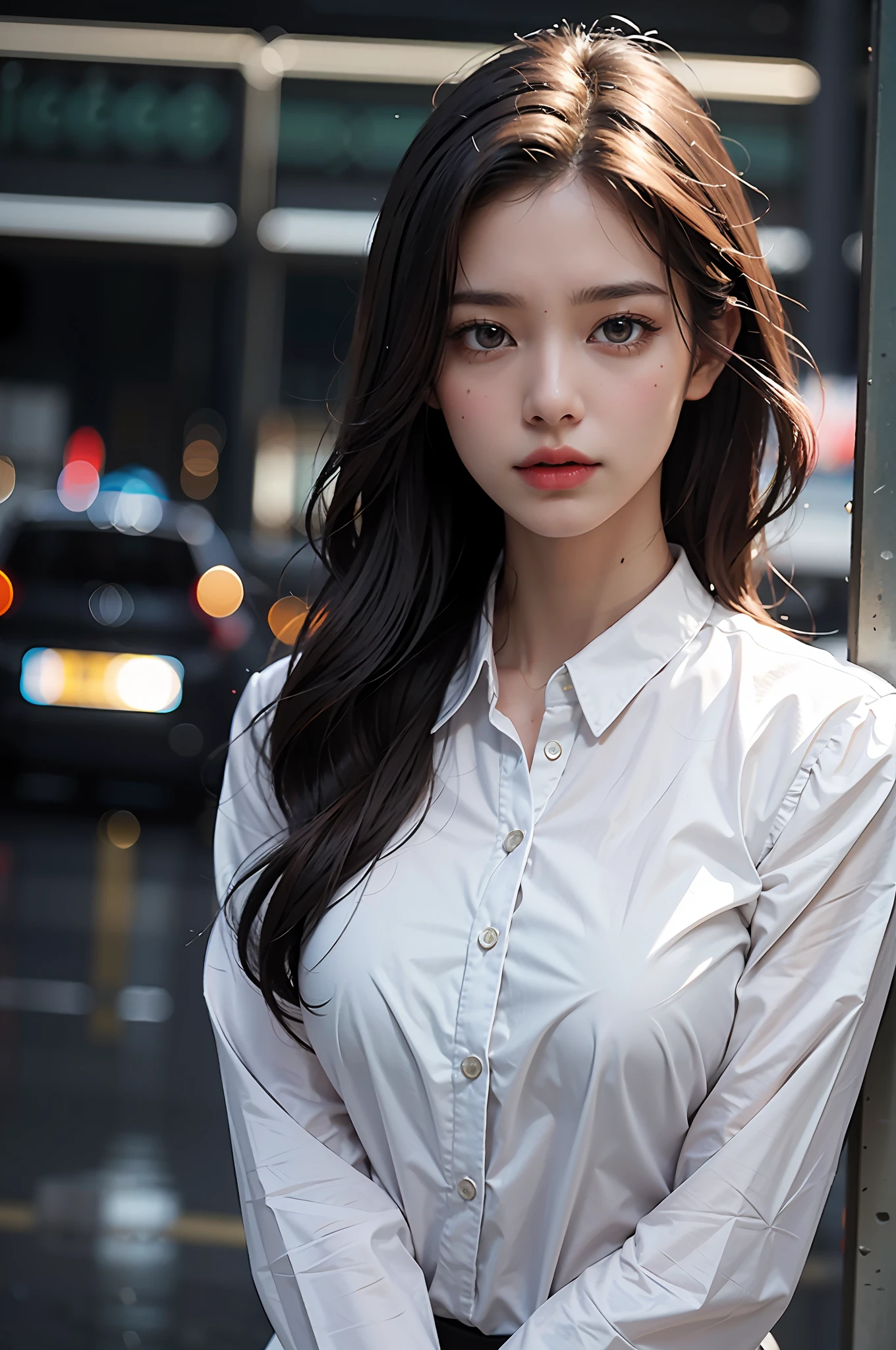Close-up of a woman in a white-collar shirt, chest:1.2, messy hair, big hair, closed mouth, mouth hold, long eyelashes, black hair color, guvez style artwork, guvez, CGstation trend, original photo, super high resolution, big brown eyes, long legs, thin legs, narrow waist, tall woman, slim figure, dynamic lighting, depiction in great detail, depth of field, rain in the background, Paris, France,ray tracing,4K
