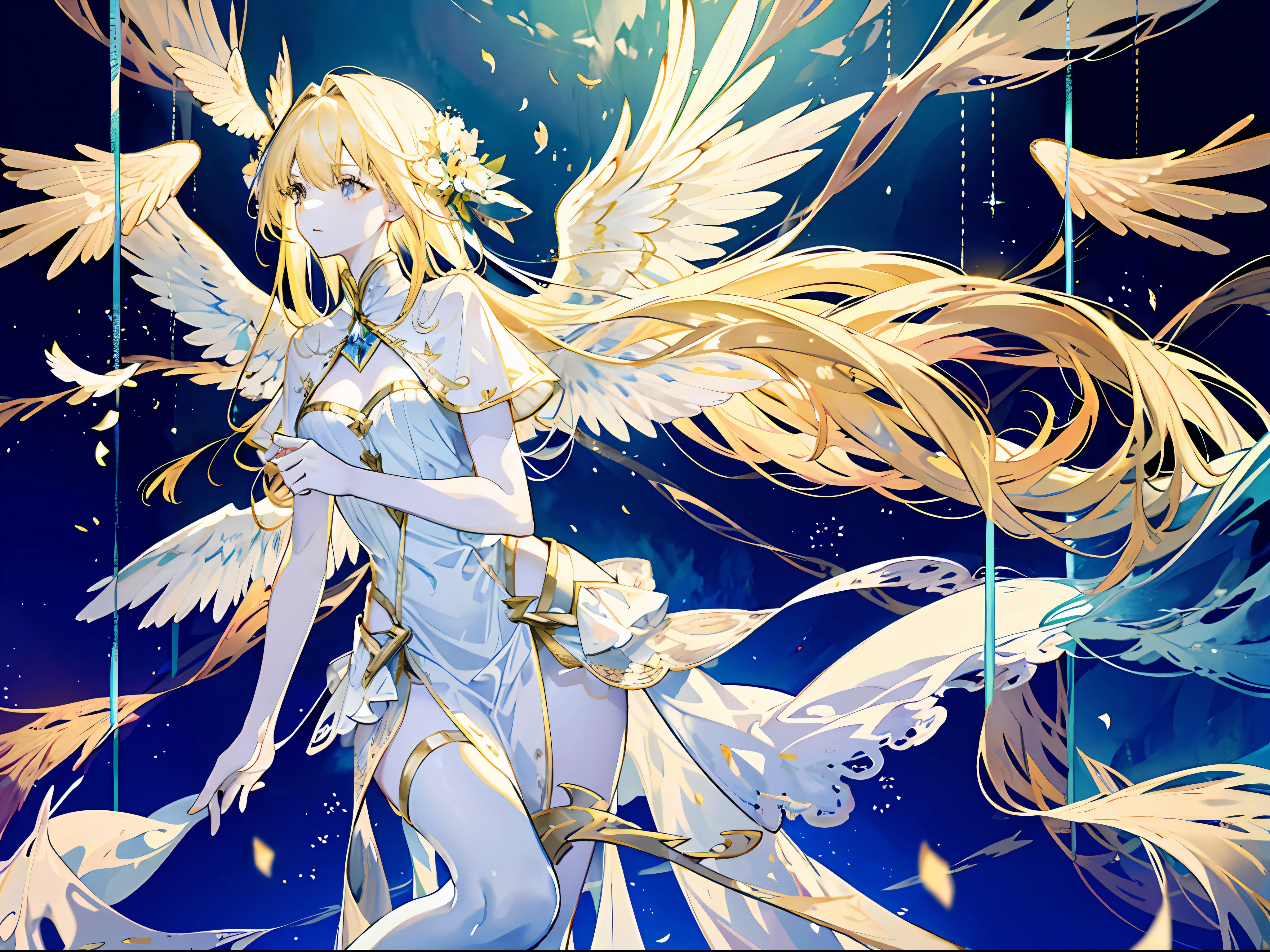 Angels are depicted with pale and bright complexions, and their skin seems to radiate an otherworldly glow. They are decorated with a pair of glittering elegant wings, symbolizing their divine nature. The scene is ethereal and captivating, capturing the beauty and mystery of these celestial bodies. Angel, pale, glowing, complexion, glowing, otherworldly, radiant, glittering, elegant, 3 pairs of golden wings at back, sacred, ethereal, charming, beautiful, mysterious, full body, long blonde hair