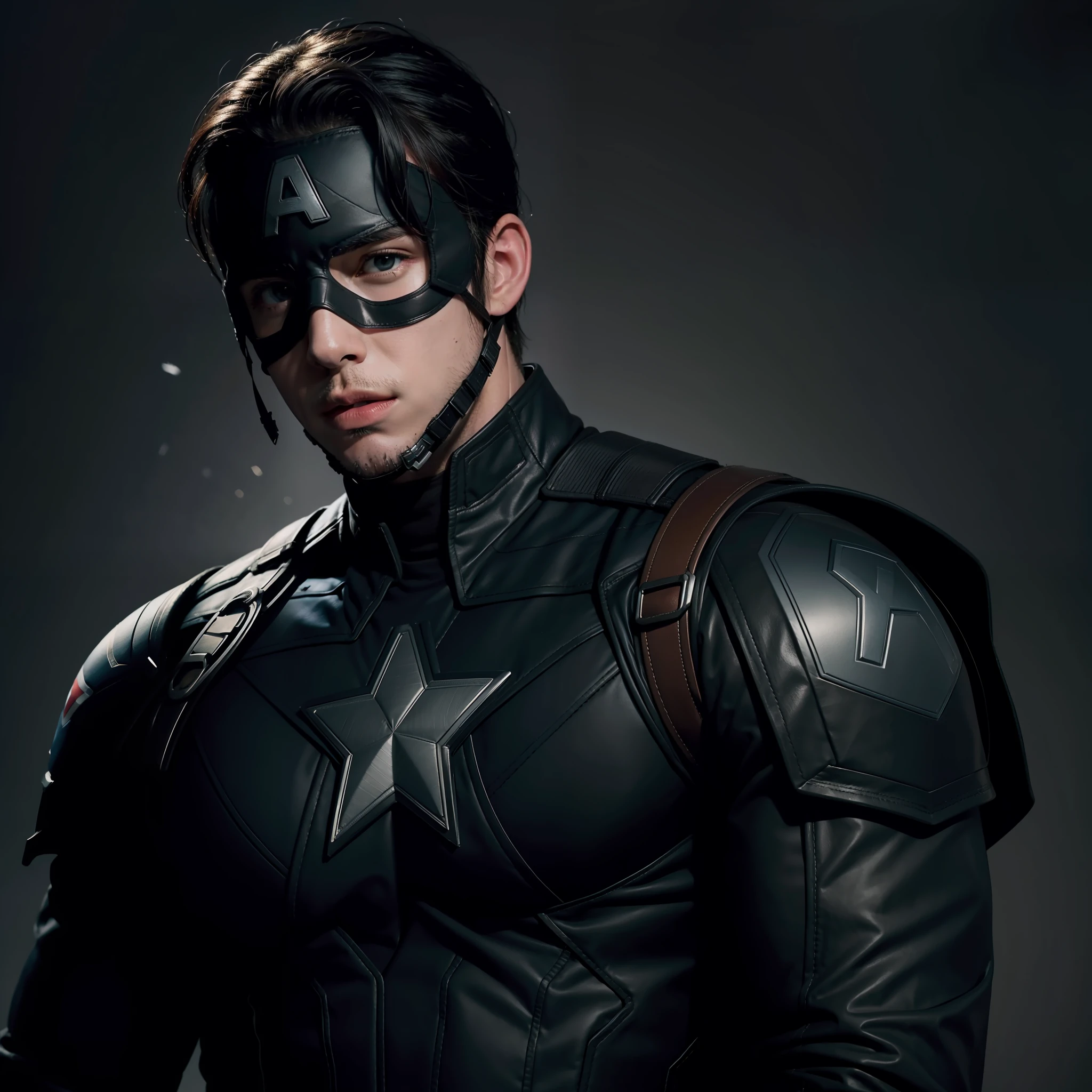 Masterpiece, top quality, high resolution, black Captain America, pitch black, black suit, Chris Evans, black, Chris Evans, Captain America mask, 1 man