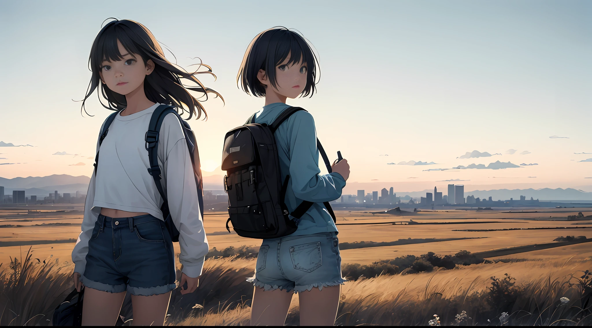 Vast sky, beautiful skyline, wide grasslands, very tense and dramatic pictures, moving visual effects, hanging high Polaris, colorful natural glare. Girl in long sleeve top and denim shorts with side backpack depicting  girl in the center