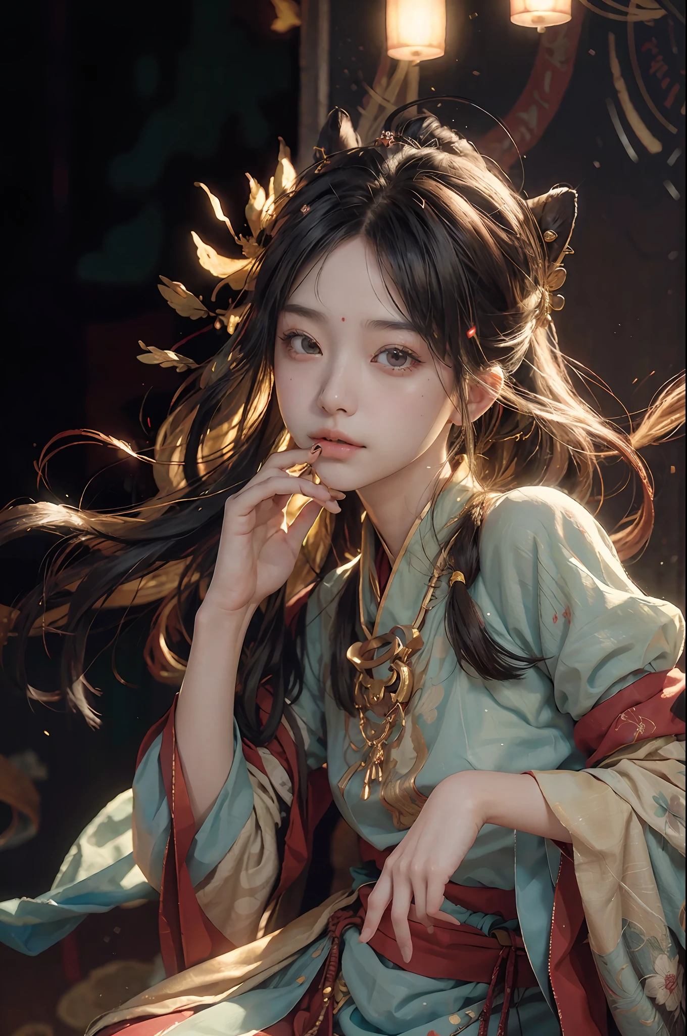 (RAW photo, best quality), (realistic, photo-realistic:1.3), best quality, highly detailed, masterpiece, ultra-detailed, illustration, 1girl, upper_body, dynamic angle, world mastery theater, messy_long_hair,best quality, extremely detailed CG unity 8k壁纸，墨水，惊人，电影灯光，lens_flare，dunhuang_style，微笑