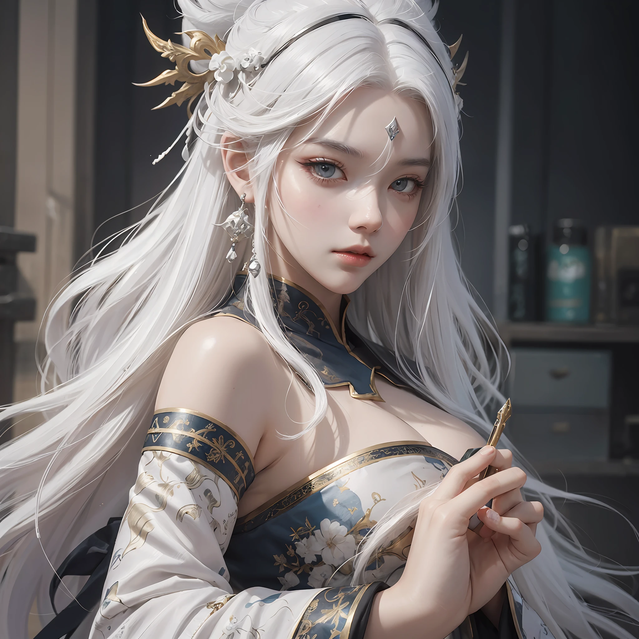 a close up of a woman with white hair and a white mask, beautiful character painting, guweiz, artwork in the style of guweiz, white haired deity, by Yang J, epic exquisite character art, stunning character art, by Fan Qi, by Wuzhun Shifan, guweiz on pixiv artstation --auto --s2