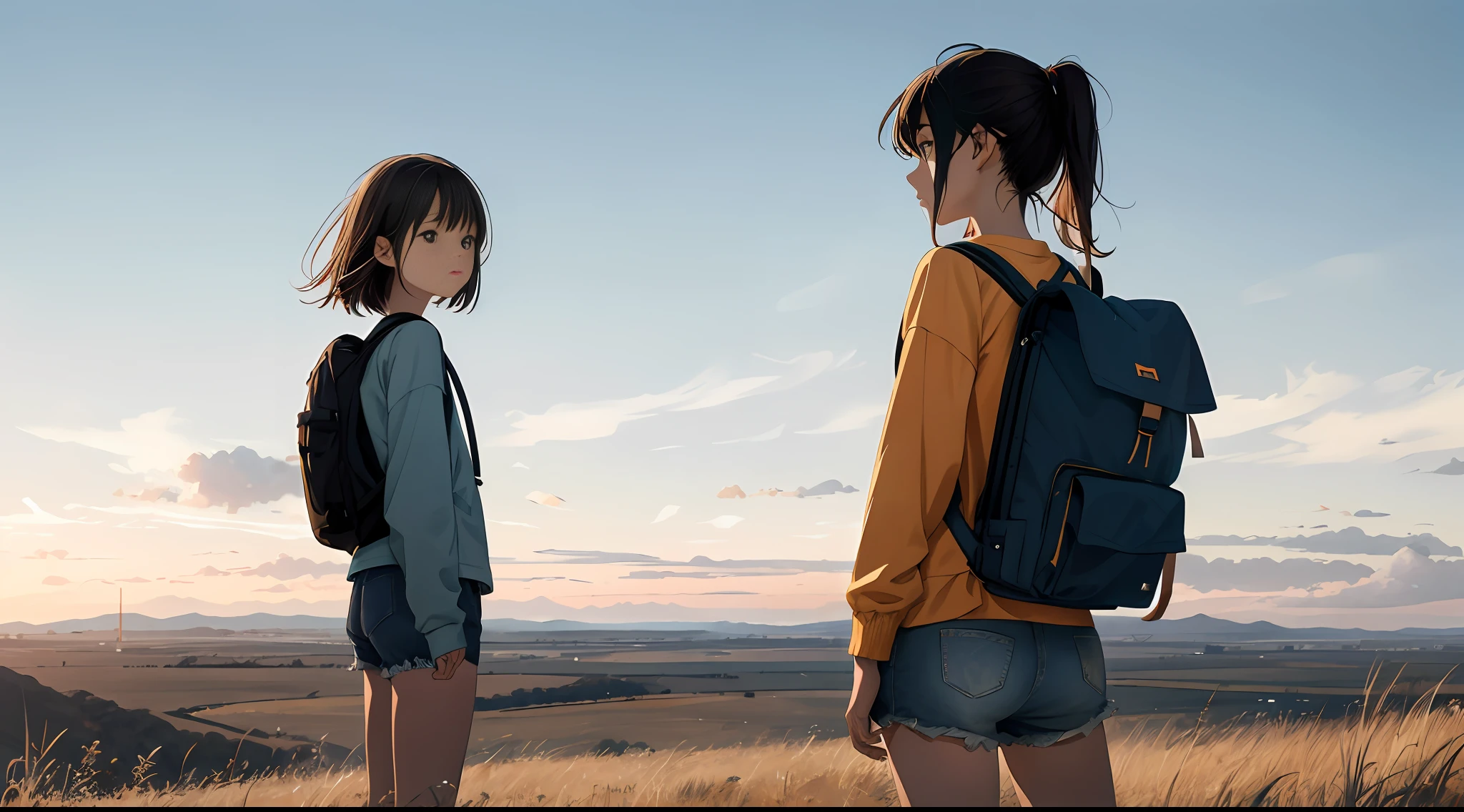 Vast sky, beautiful skyline, wide grasslands, very tense and dramatic pictures, moving visual effects, hanging high Polaris, colorful natural glare. Girl in long sleeve top and denim shorts with side backpack depicting small girl in the center