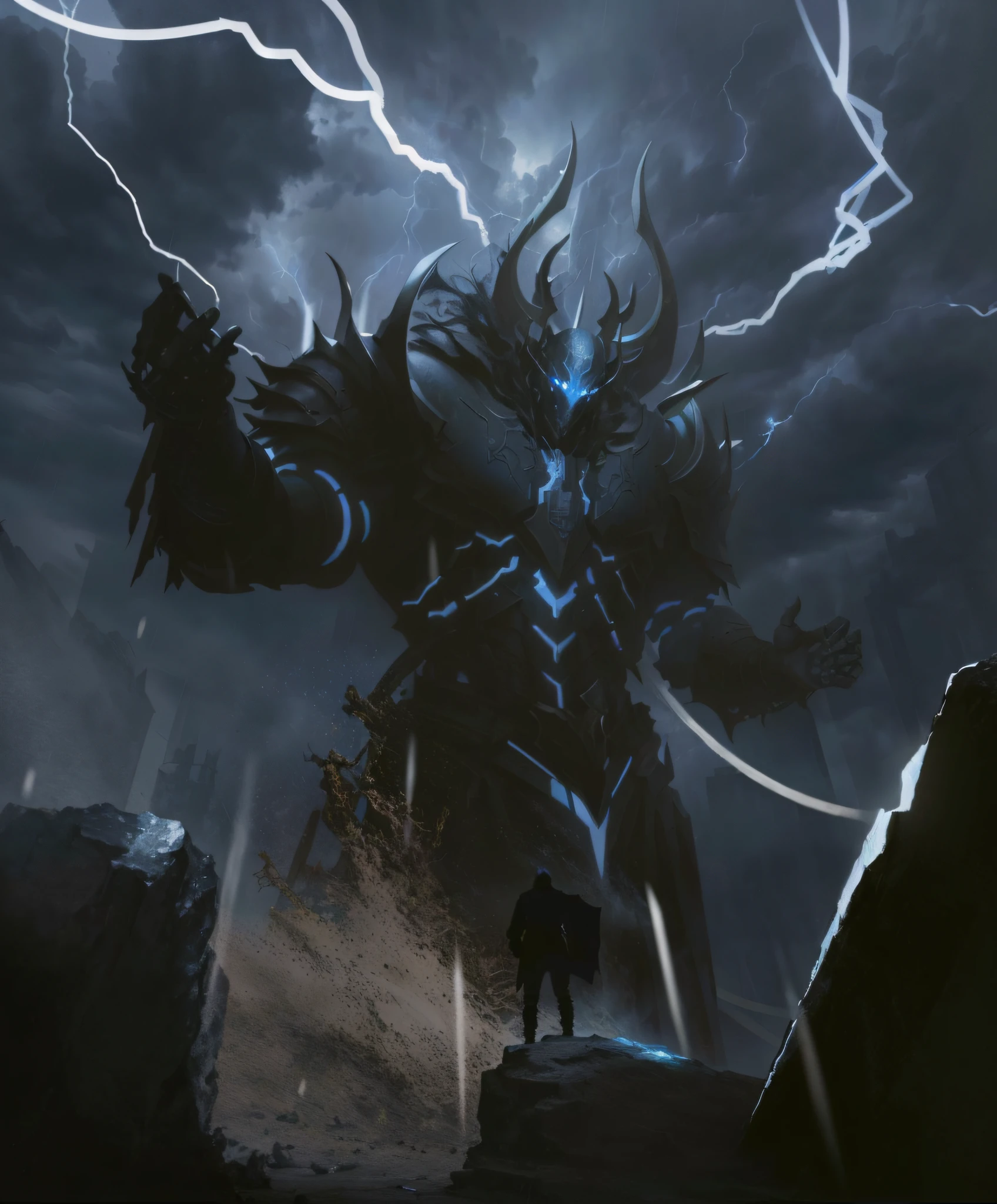 Best quality, masterpiece, looking up, a huge god of thunder and lightning, standing in the rain, his face glowing blue, dark clouds behind him, thunder and lightning, huge raindrops, up close is a warrior facing away from the camera, Diablo digital concept art, Raziel IRL, dark high contrast concept art, painted portrait by Mordekaiser, dark concept art, dark souls concept art, black and blue, painted by Ruan Jia,