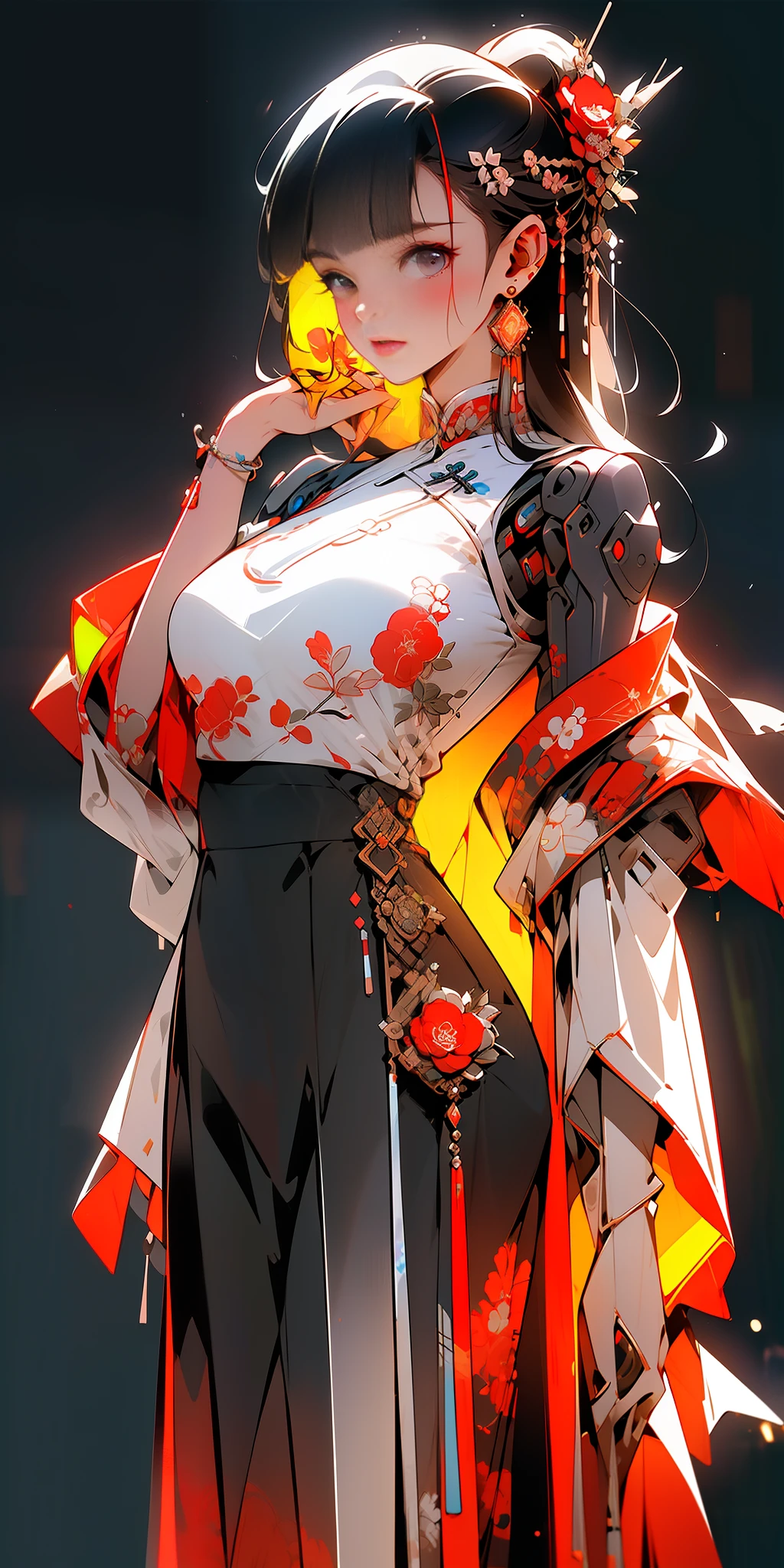 ((Cyberpunk style, robotic arm, holographic aura, surreal sci-fi art, futuristic sci-fi aesthetics)), 1 girl solo, close-up, (bright eyes), (ancient Chinese clothes, embroidered pleated skirt, embroidered collar Uesugi, large sleeves, streamers), (hairpins), (Hanfu), (clear facial features), (8k, RAW photos, best quality, masterpieces: 1.2), (realistic, photo realistic: 1.4), (very detailed CG Unity 8k wallpaper), full body, (Neon: 1.4)