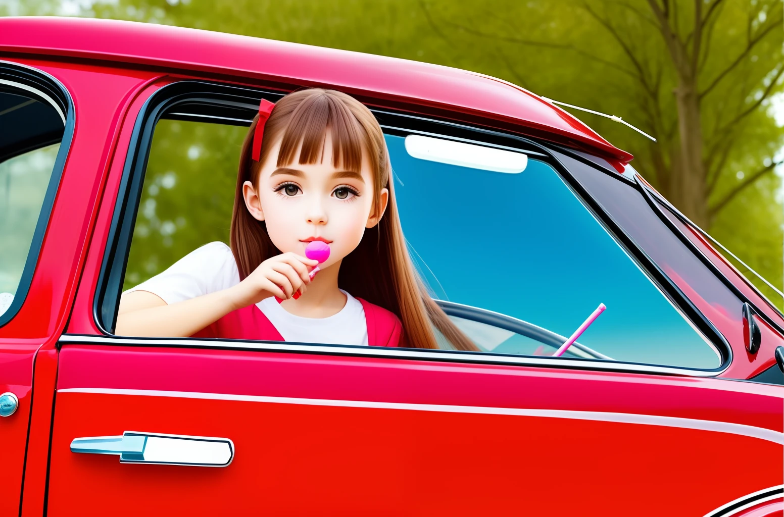 Cute beauty eating lollipops in front of a red Volkswagen Magotan car