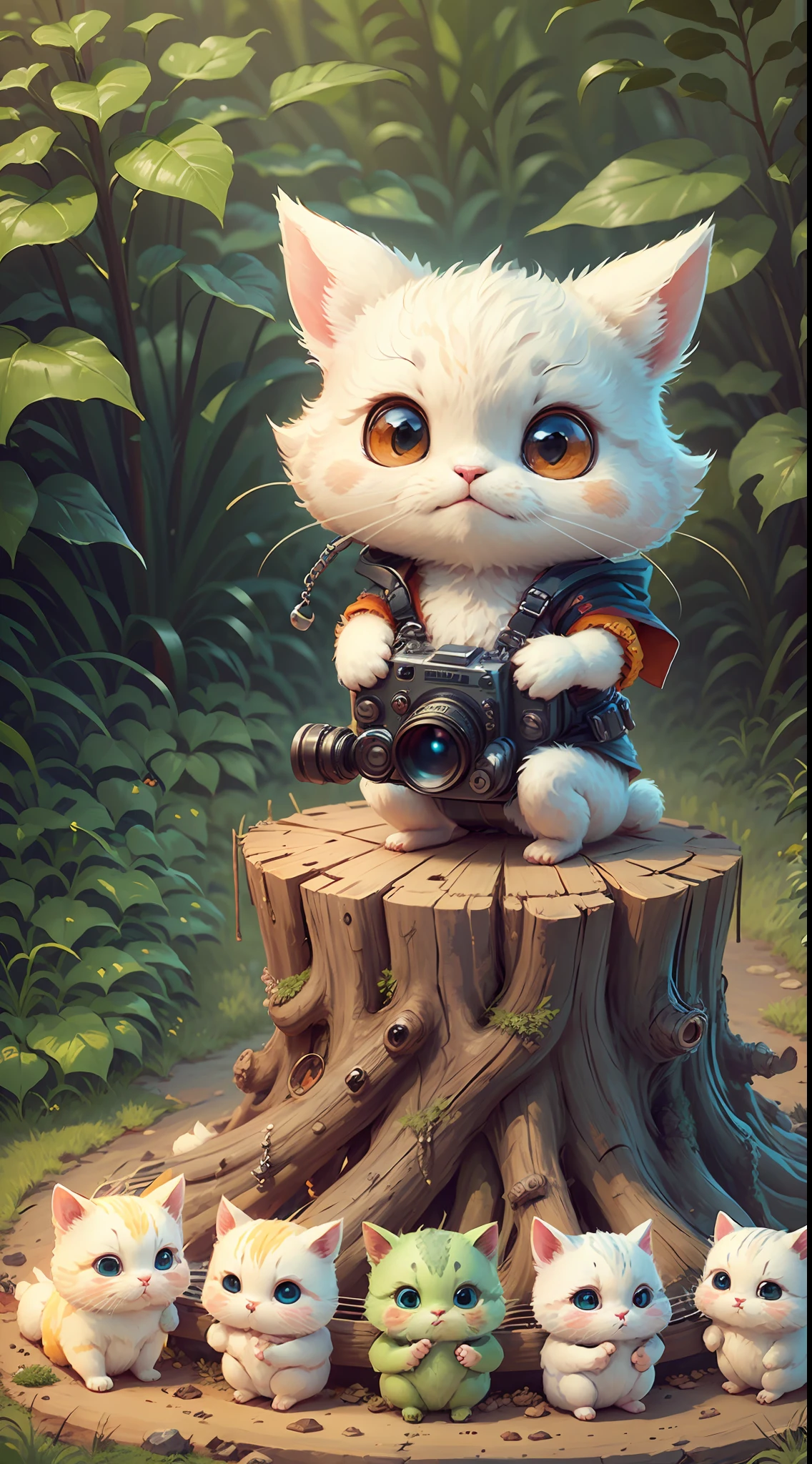 There is a little white cat sitting on a log with a camera, one eye to take pictures, cute digital art, cute digital painting, cute detailed digital art, cute 3 D rendering, cute cartoon characters, cute anthropomorphic rabbit, cute cartoon, cute detailed artwork, cute cute art, cute cute photos, cute animals, cute cute characters, cute creatures --auto --s2