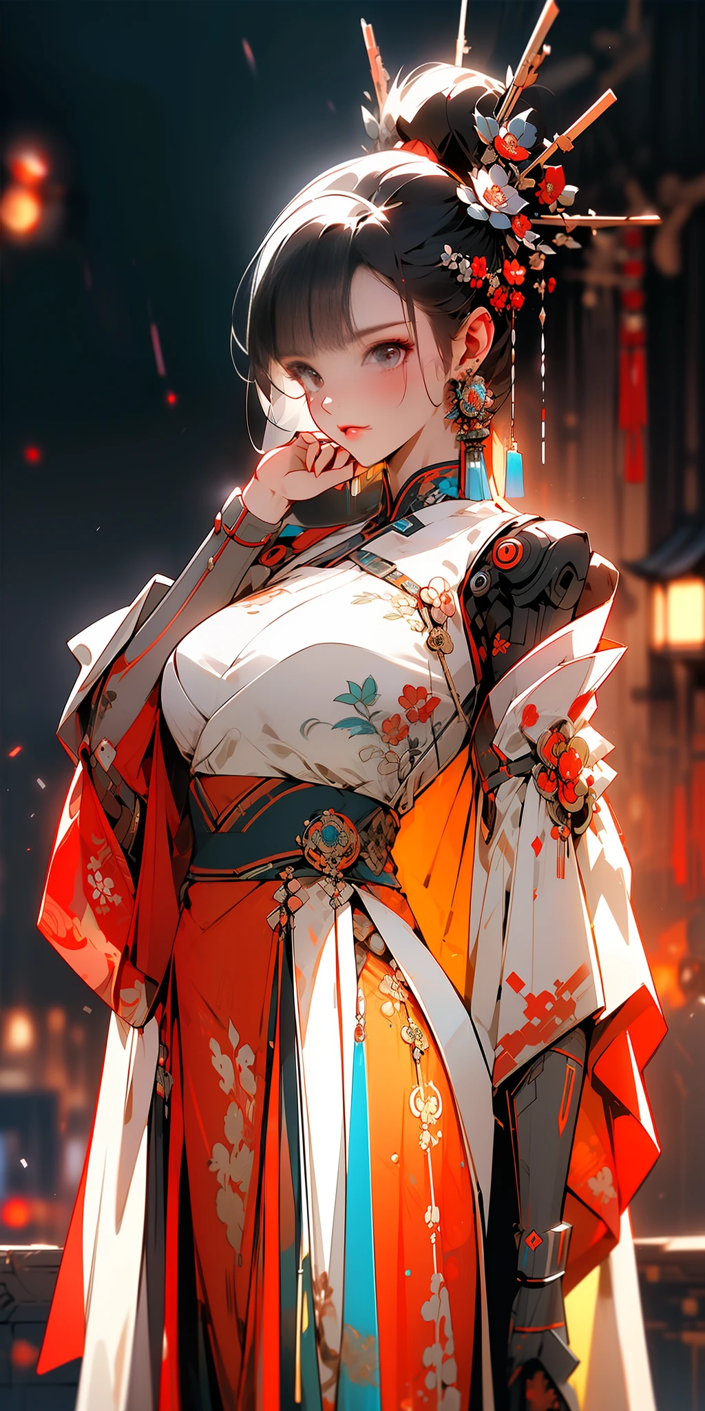 ((Cyberpunk style, robotic arm, holographic aura, surreal sci-fi art, futuristic sci-fi aesthetics)), 1 girl solo, close-up, (bright eyes), (ancient Chinese clothes, embroidered pleated skirt, embroidered collar Uesugi, large sleeves, streamers), (hairpins), (Hanfu), (clear facial features), (8k, RAW photos, best quality, masterpieces: 1.2), (realistic, photo realistic: 1.4), (very detailed CG Unity 8k wallpaper), full body, (Neon: 1.4)