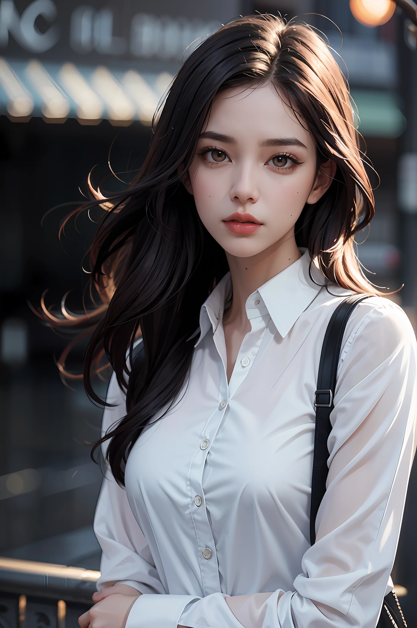 Close-up of a woman in a white-collar shirt, chest:1.2, messy hair, big hair, closed mouth, mouth hold, long eyelashes, black hair color, guvez style artwork, guvez, CGstation trend, original photo, super high resolution, big brown eyes, long legs, thin legs, narrow waist, tall woman, slim figure, dynamic lighting, depiction in great detail, depth of field, rain in the background, Paris, France,ray tracing,4K