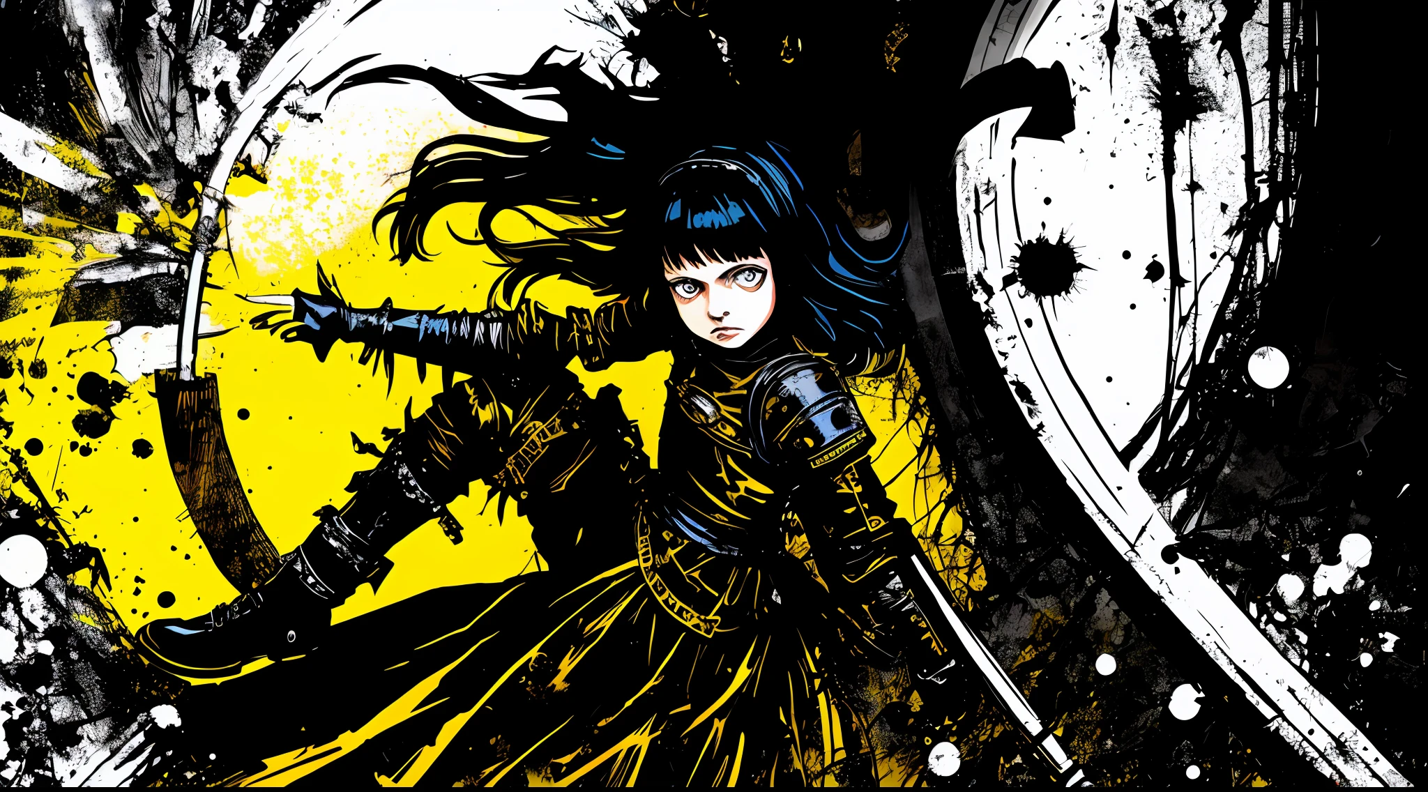 (a full body medieval girl, solo, black and white), in the style of Mork Borg, strong contrast, grunge dirty punk splash art, zine black metal, yellow and black medieval background