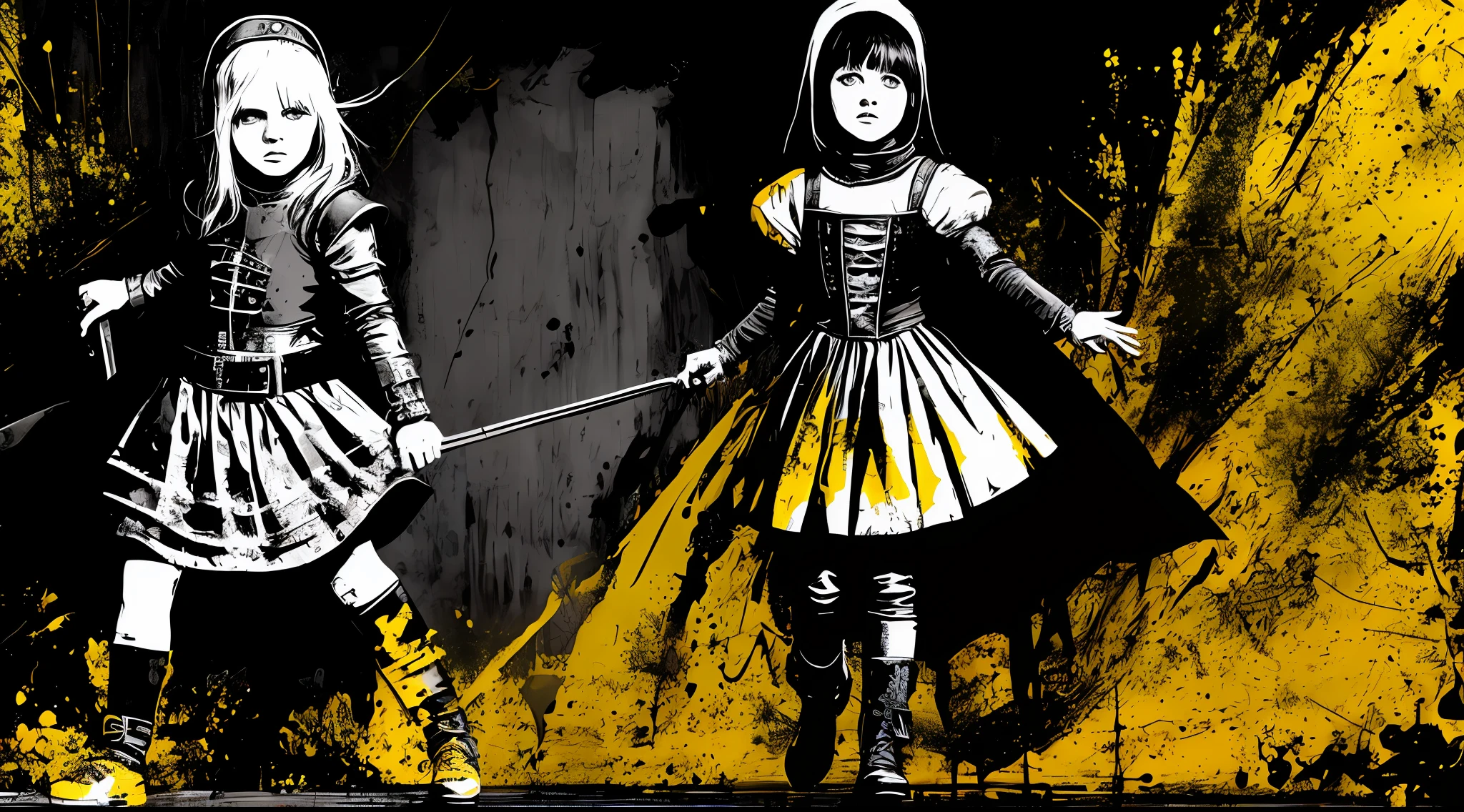 (a full body medieval girl, solo, black and white), in the style of Mork Borg, strong contrast, grunge dirty punk splash art, zine black metal, yellow and black medieval background