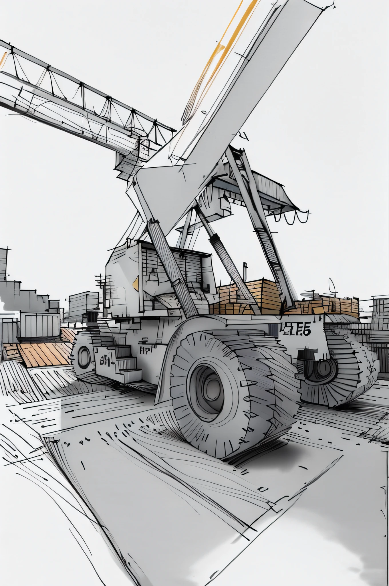 linear, gray, white background, simple background, sketch, sketch, pen_sketch_style, there is a large bulldozer that is parked in front of the truck, lifting the container, loading, heavy machinery, large shovel, mining scrap metal, gravel, hard work, massive construction machines