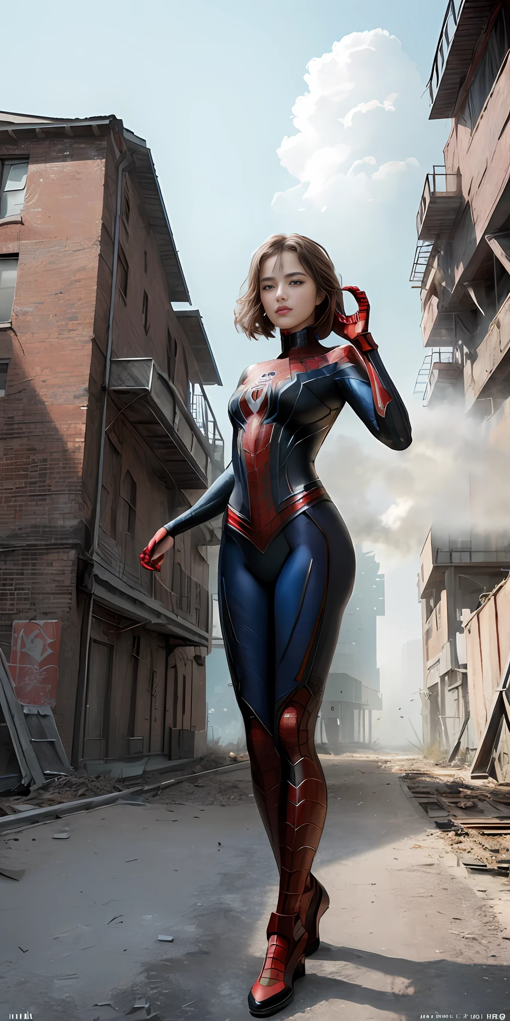 (1girl:1.3), solo, (((extremely detailed face))),(((extremely detailed eyes and face))),beautiful detailed eyes,body-parts__, official art, unified 8k wallpaper, super detailed, beautiful and aesthetic, beautiful, masterpiece, best quality, raw, masterpiece, super fine photo, best quality, super high resolution, photorealistic realism, sunlight, full body portrait, amazing beauty,, dynamic pose, delicate face, vibrant eyes, (from the front), she is wearing a Spider-man suit, red and black color scheme, spider, very detailed abandoned warehouse background, Detailed face, detailed complex busy background, messy, gorgeous, milky white, highly detailed skin, realistic skin details, visible pores, sharp focus, volumetric fog, 8k uhd, DSLR, high quality, film grain, fair skin, photo realism, lomography, huge metropolis in future dystopia, seen from below, translucent