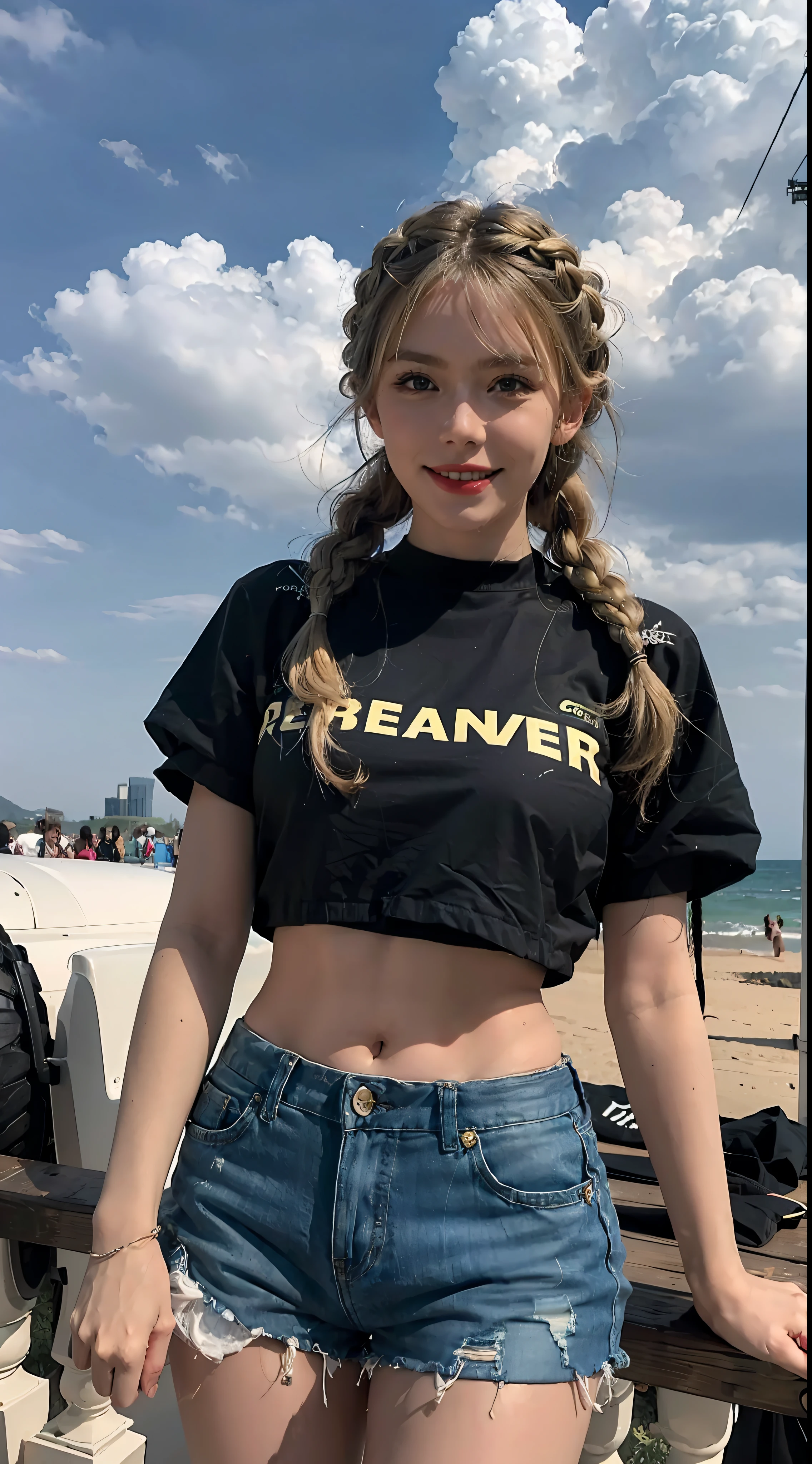girl, solo, dress, blonde, green eyes, braids, shorts, outreach, first view, outdoors and looking at the audience, clouds, sky, smile, wind, shoot from below,