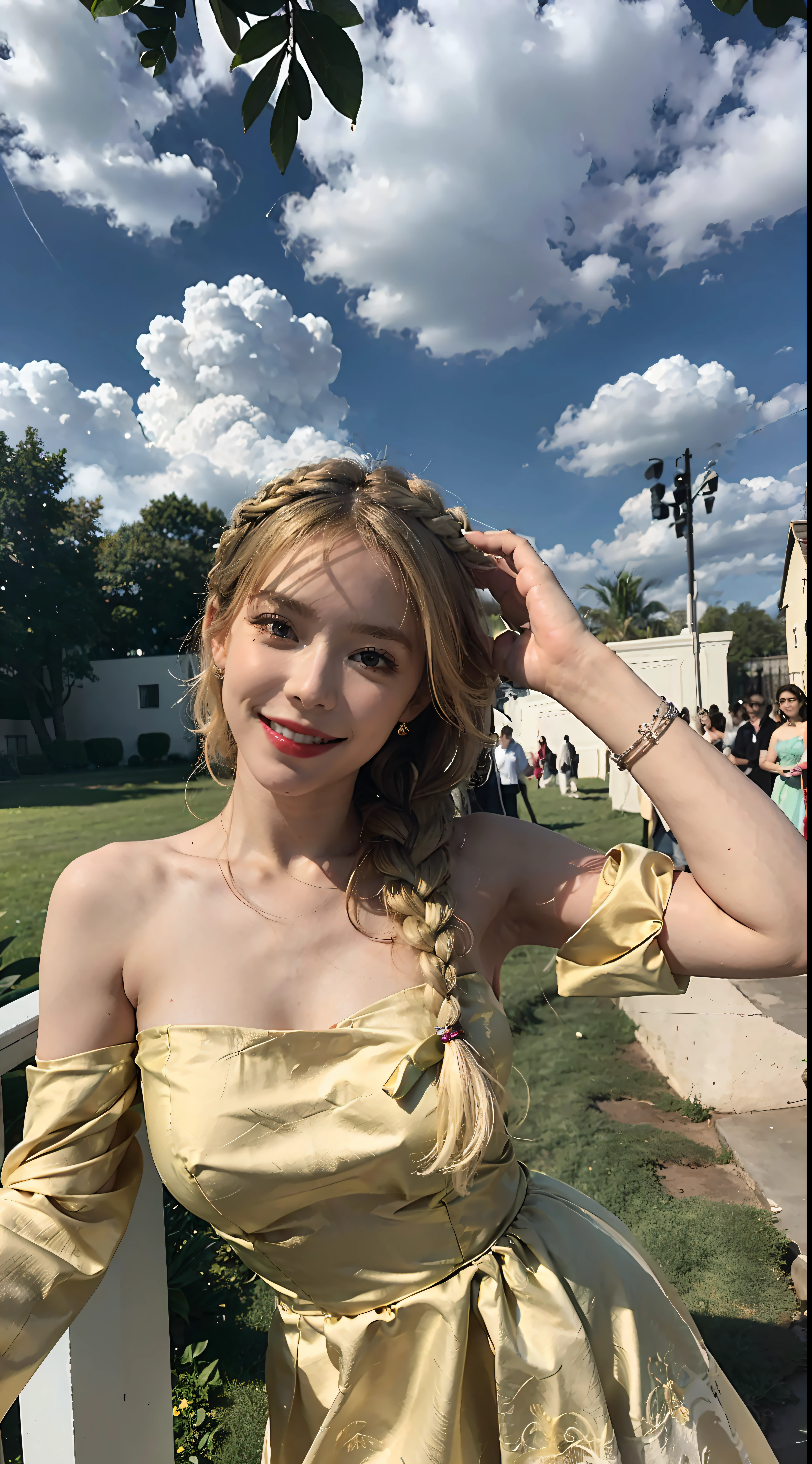 Sunshine, 1 Girl, Solo, Dress, Blonde, Green Eyes, Braids, White Dress, Reach Out, First View, Outdoor, Look at the Audience, Clouds, Bare Shoulders, Sky, Smile, Wind, Tilt, Look Down