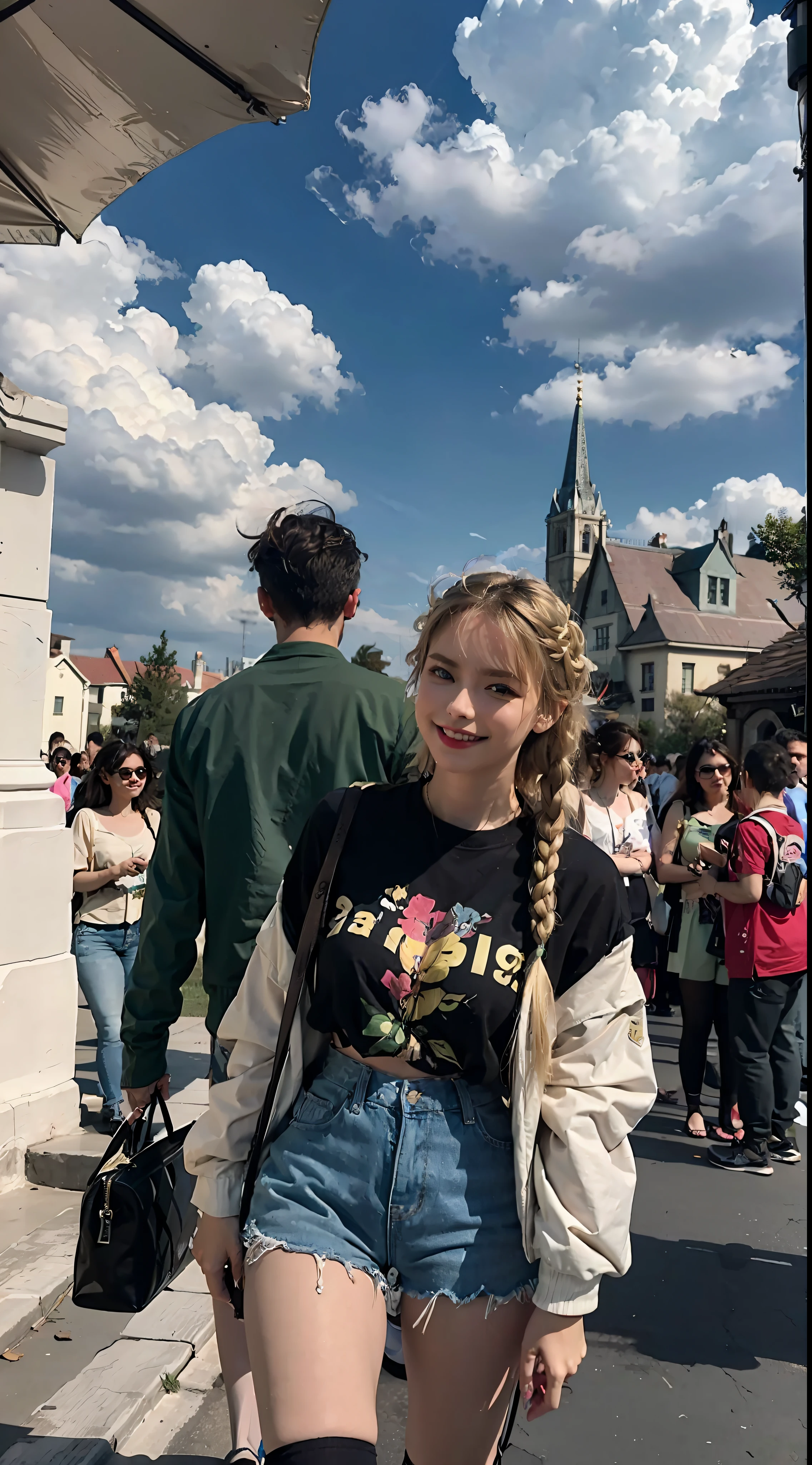Girl, solo, dress, blonde, green eyes, braids, shorts, outreach, first view, outdoors, looking at the audience, clouds, sky, smile, wind, from below, boyfriend perspective