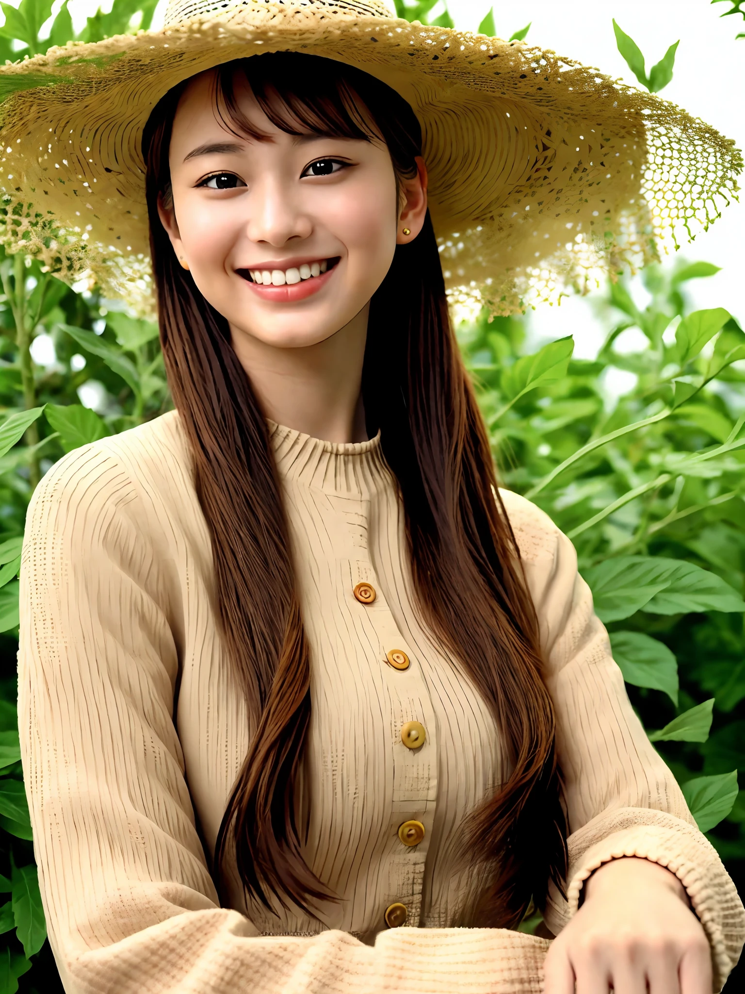 (top quality, masterpiece: 1.2), super detailed, (photorealistic photo: 1.4), solo, cute girl, 20 years old, light smile, shirt, straw hat, ponytail, tomato_background