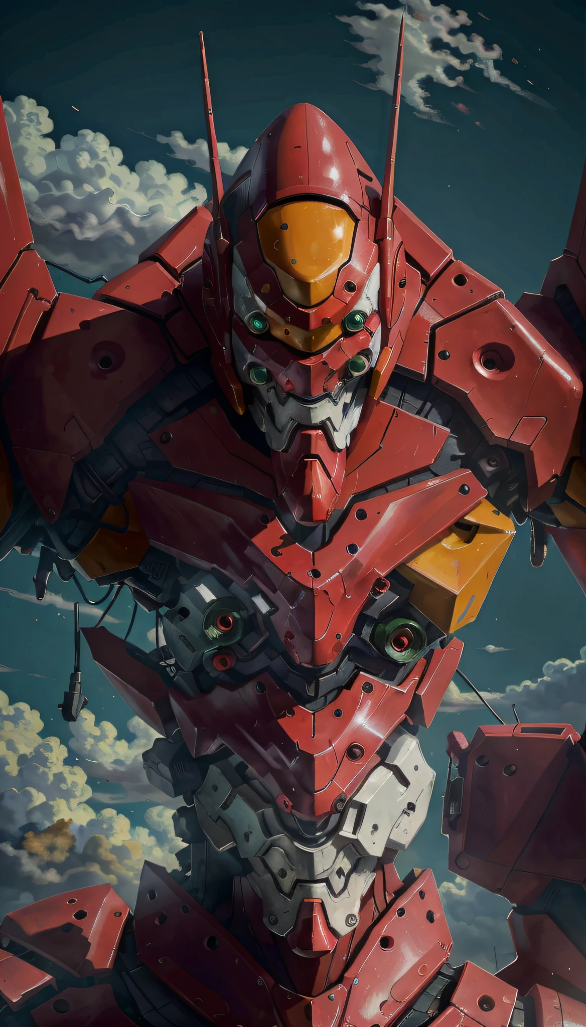 eva 02, evagod, evangelion mecha, science fiction, looking at viewer, (official art, Best quality, masterpiece:1.2), illustration, high res, beautiful abstract background, Futurism, cyberpunk, intense angle, close-up, .