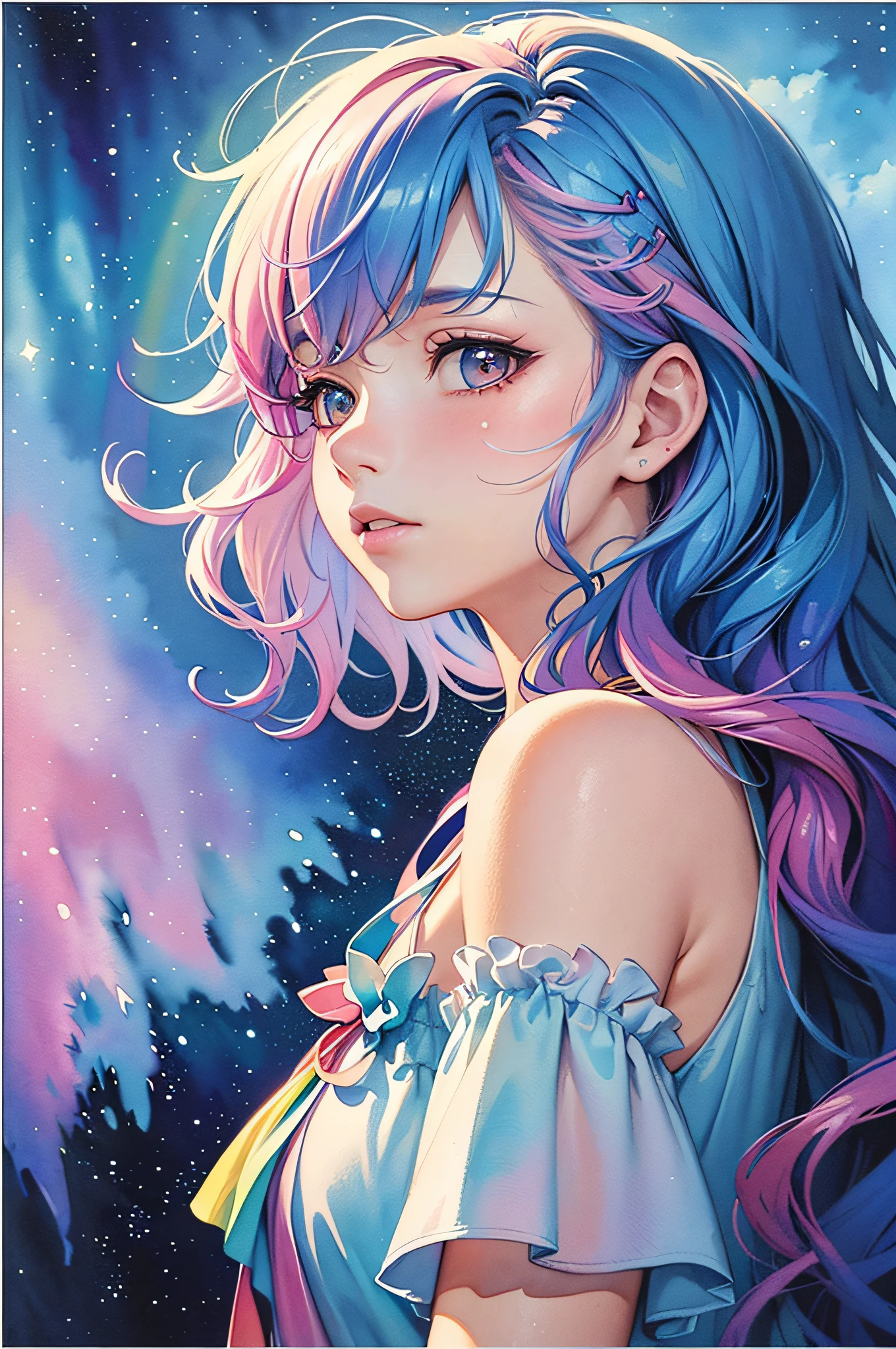 (masterpiece, top quality, best quality,watercolor (medium),official art, beautiful and aesthetic:1.2),(1girl:1.3), (fractal art:1.3),upper body, from side, looking at viewer,patterns,(rainbow color Hair,colorful hair,half blue and half pink hair:1.2),water,liquid, cloud,colorful, starry,stars,