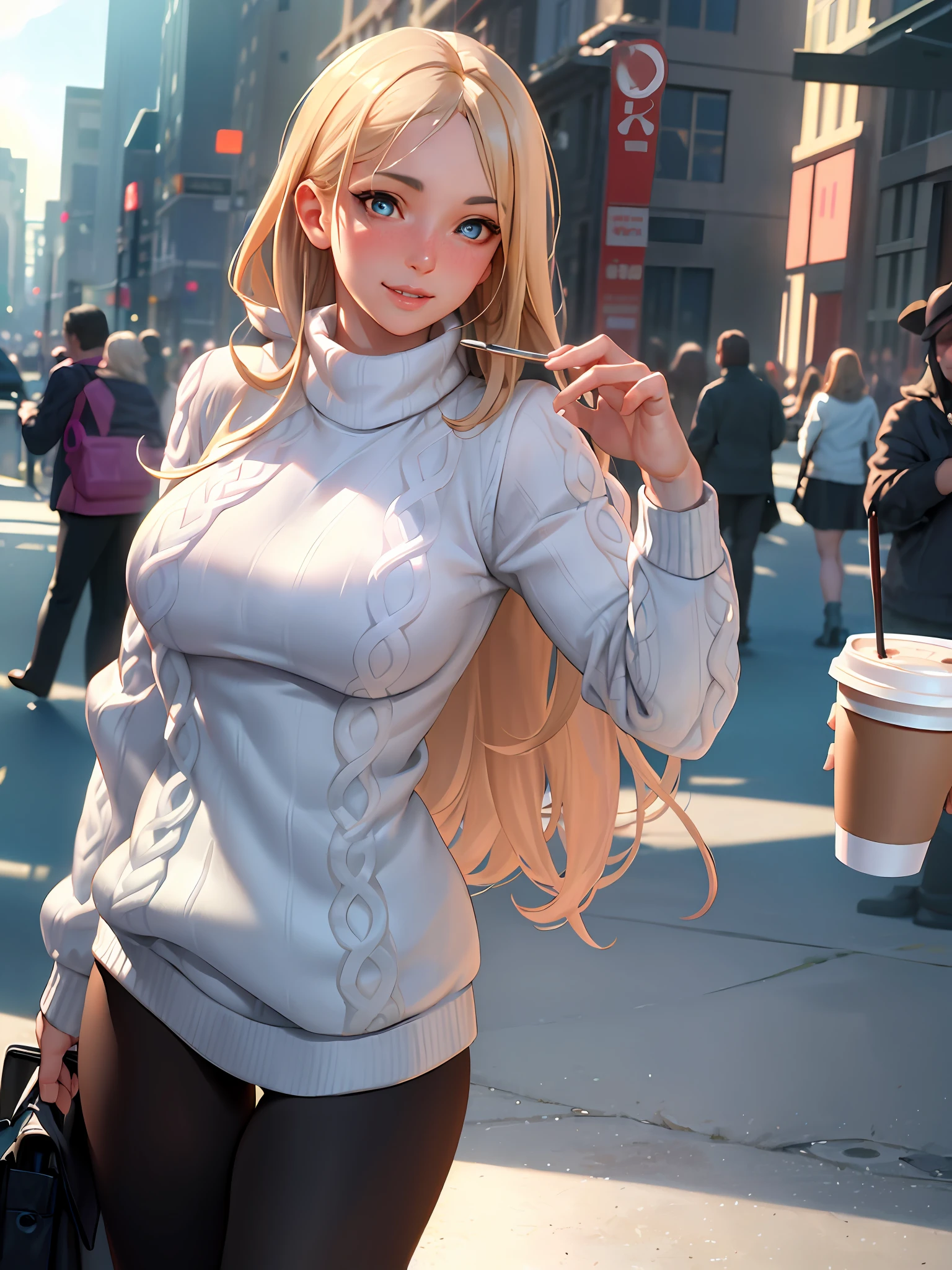 (masterpiece, best quality:1.4), (modern days), (cowboy shot), 1girl, solo, pov, sfw, stunning girlfriend, (standing:1.1), dynamic pose, (white oversized sweater, knit sweater:1.4), (skinny yoga pants, dark gray yoga pants: 1.4), (navy short jacket, denim jacket: 1.4), long blonde hair, bangs, heart-shaped face, elegant face, beautiful face, high detail face, high detail skin, skin pores, subsurface scattering, (blue eye details), realistic pupils, plump breasts, loving smile, looking at the audience, full blush, plump lips, holding a coffee cup, centered, coffee shop in background, city street, sunny day, wind, detailed background, depth of field, Atmospheric perspective, volumetric lighting, clear focus, absurd, realistic proportions, good anatomy, (realistic, hyper-realistic:1.4), 16k HDR,
