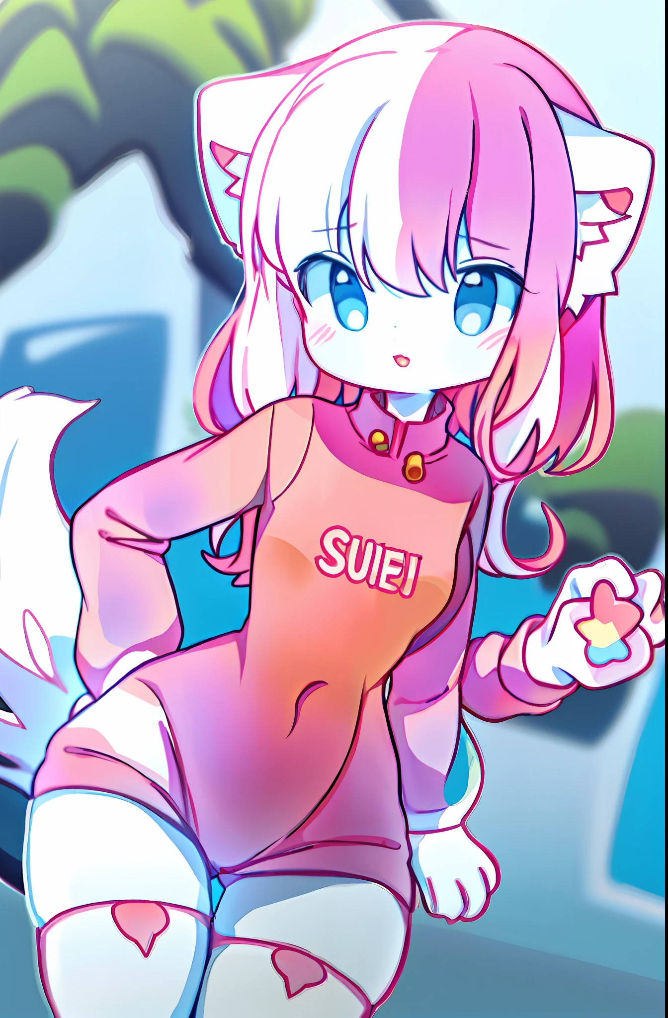 anime girl with a pink shirt and white crotch, and a pink cat, fursona!!!!, female furry mini cute style, cute anime catgirl, furry fursona, furry art!!!, holo is a wolf girl, furry furaffinity, fursona art, nyaruko-san, female fursona, nekomimi, anime catgirl, fursona commission, solo,