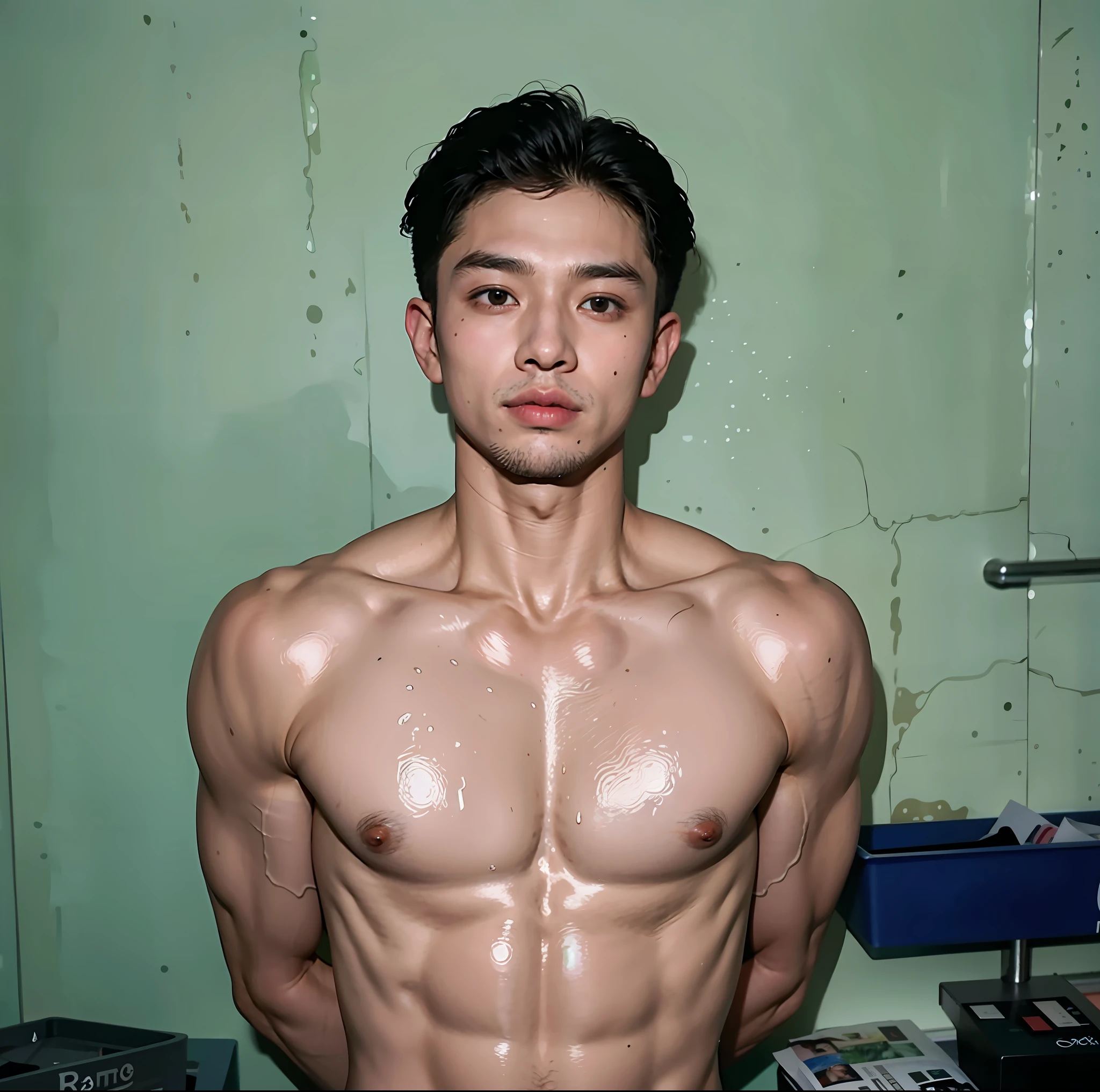 there is a man that is standing in a room with no shirt, 2 , 2 8 years old old, 2 3 yearsears old, (38 yramil sunga, 3 , 2 4 years old, full body picture, 21 years, upper body on