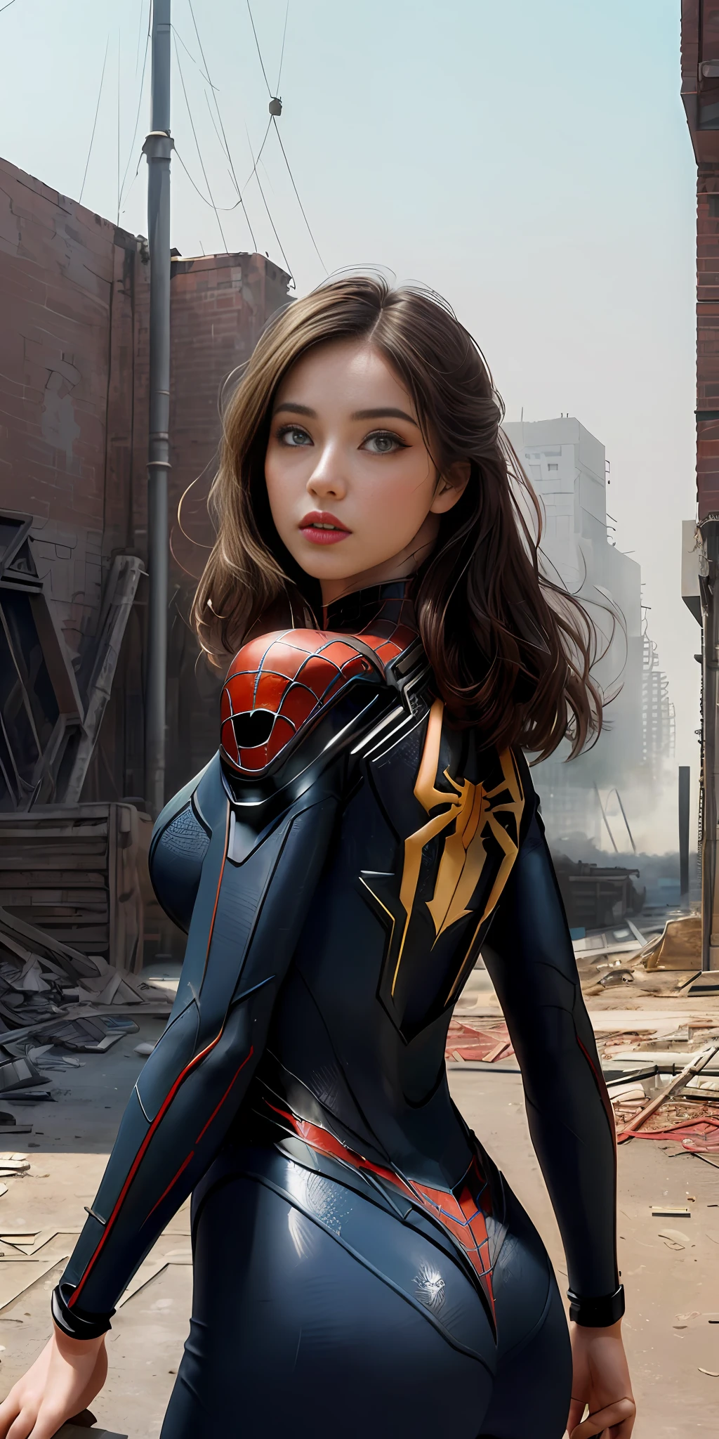 (1girl:1.3), solo, (((extremely detailed face))),(((extremely detailed eyes and face))),beautiful detailed eyes,body-parts__, official art, unified 8k wallpaper, super detailed, beautiful and aesthetic, beautiful, masterpiece, best quality, raw, masterpiece, super fine photo, best quality, super high resolution, photorealistic realism, sunlight, full body portrait, amazing beauty,, dynamic pose, delicate face, vibrant eyes, (from the front), she is wearing a Spider-man suit, red and black color scheme, spider, very detailed abandoned warehouse background, Detailed face, detailed complex busy background, messy, gorgeous, milky white, highly detailed skin, realistic skin details, visible pores, sharp focus, volumetric fog, 8k uhd, DSLR, high quality, film grain, fair skin, photo realism, lomography, huge metropolis in future dystopia, seen from below, translucent