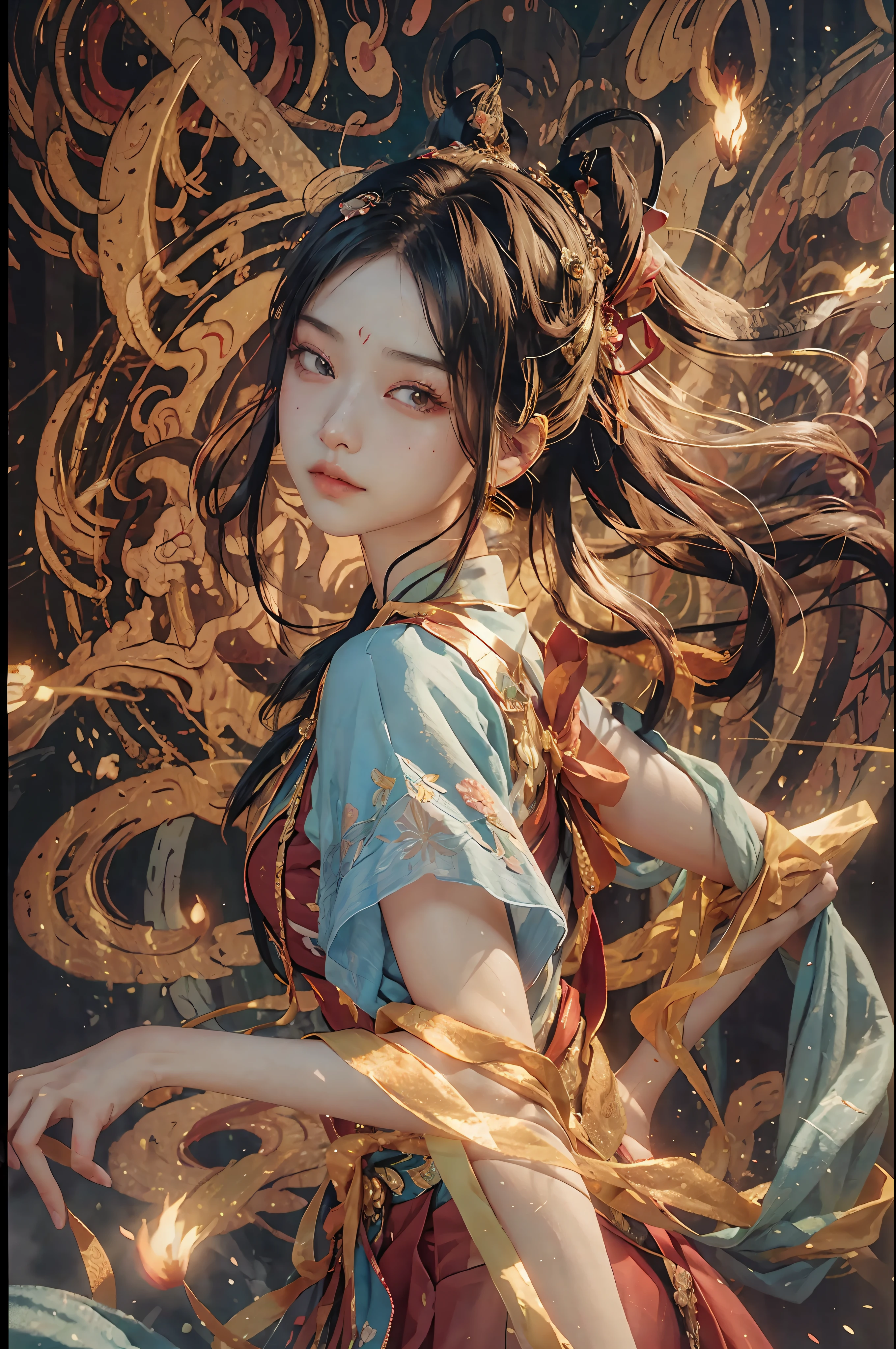 (RAW photo, best quality), (realistic, photo-realistic:1.3), best quality, highly detailed, masterpiece, ultra-detailed, illustration, 1girl, upper_body, dynamic angle, world mastery theater, messy_long_hair,best quality, extremely detailed CG unity 8k壁纸，墨水，惊人，电影灯光，lens_flare，dunhuang_style，微笑