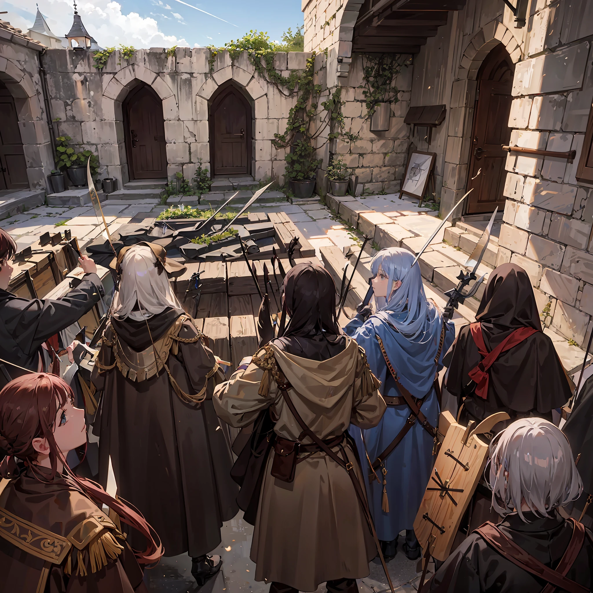In the Middle Ages, the barracks were surrounded by city walls, with weapon racks on the side of the walls, a large number of knives and arrows, some soldiers with swords cutting stakes, some soldiers with bows and arrows shooting targets. --auto --s2