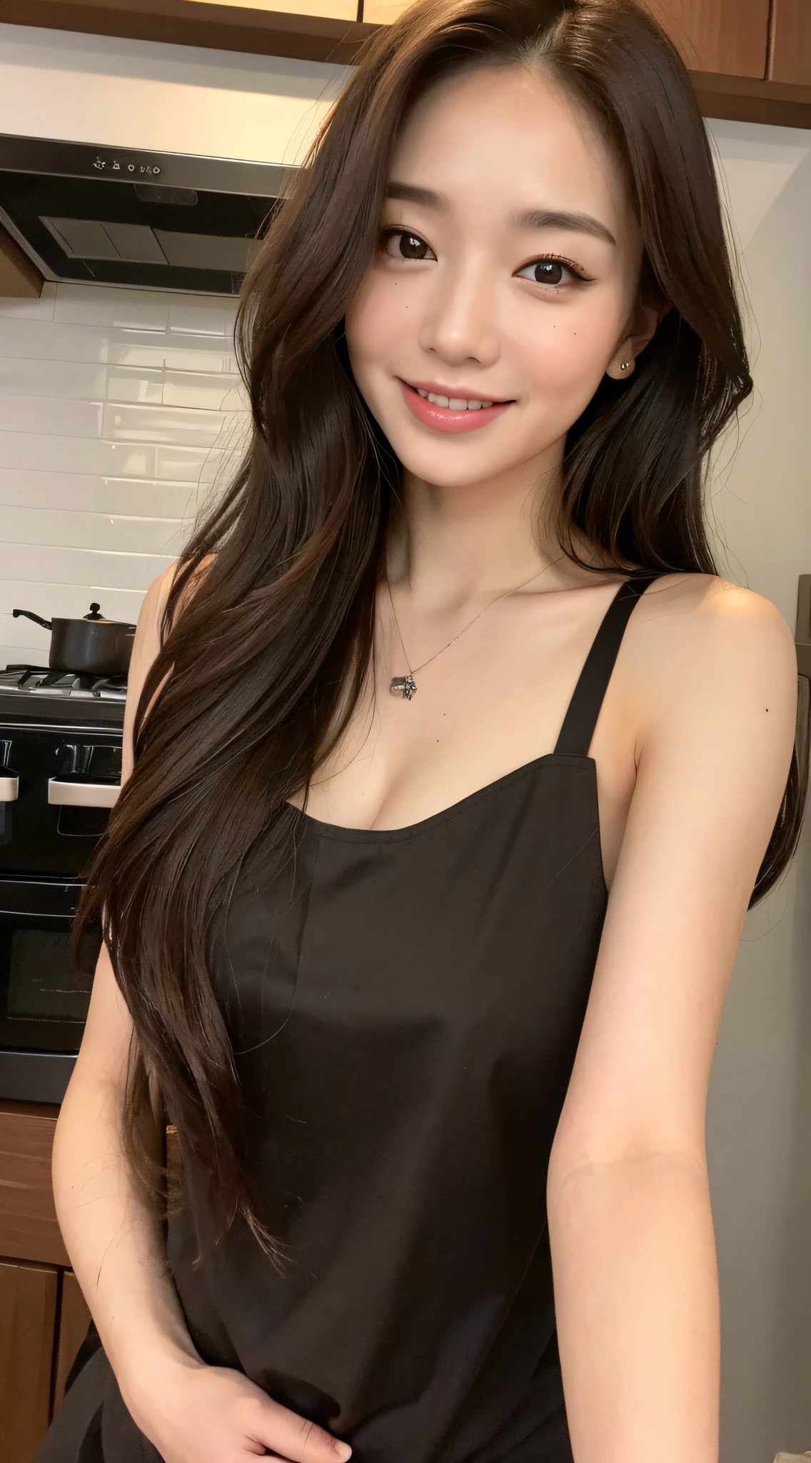 (Best quality, 8k, masterpiece: 1.3), a beautiful woman with perfect figure: 1.4, dark brown hair, wearing a pendant, wearing an apron, in the kitchen, highly detailed face and skin, detailed eyes, double eyelids, big breasts, smile, hair styled in loose waves