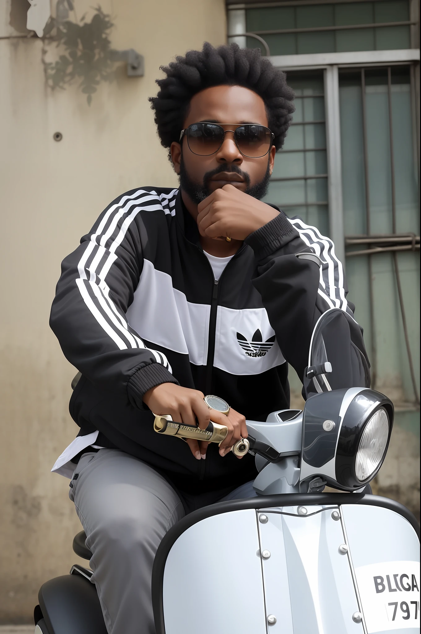 There is a man sitting on a scooter with a watch in hand, photoshoot, Bangalore, black man with afro hair, biker, album cover, adidas tracksuit jacket, photo shoot, promotional photo, portrait image, badass composition, sitting, stylish pose, promotional photo, aesthetic photo, rio de janeiro in background