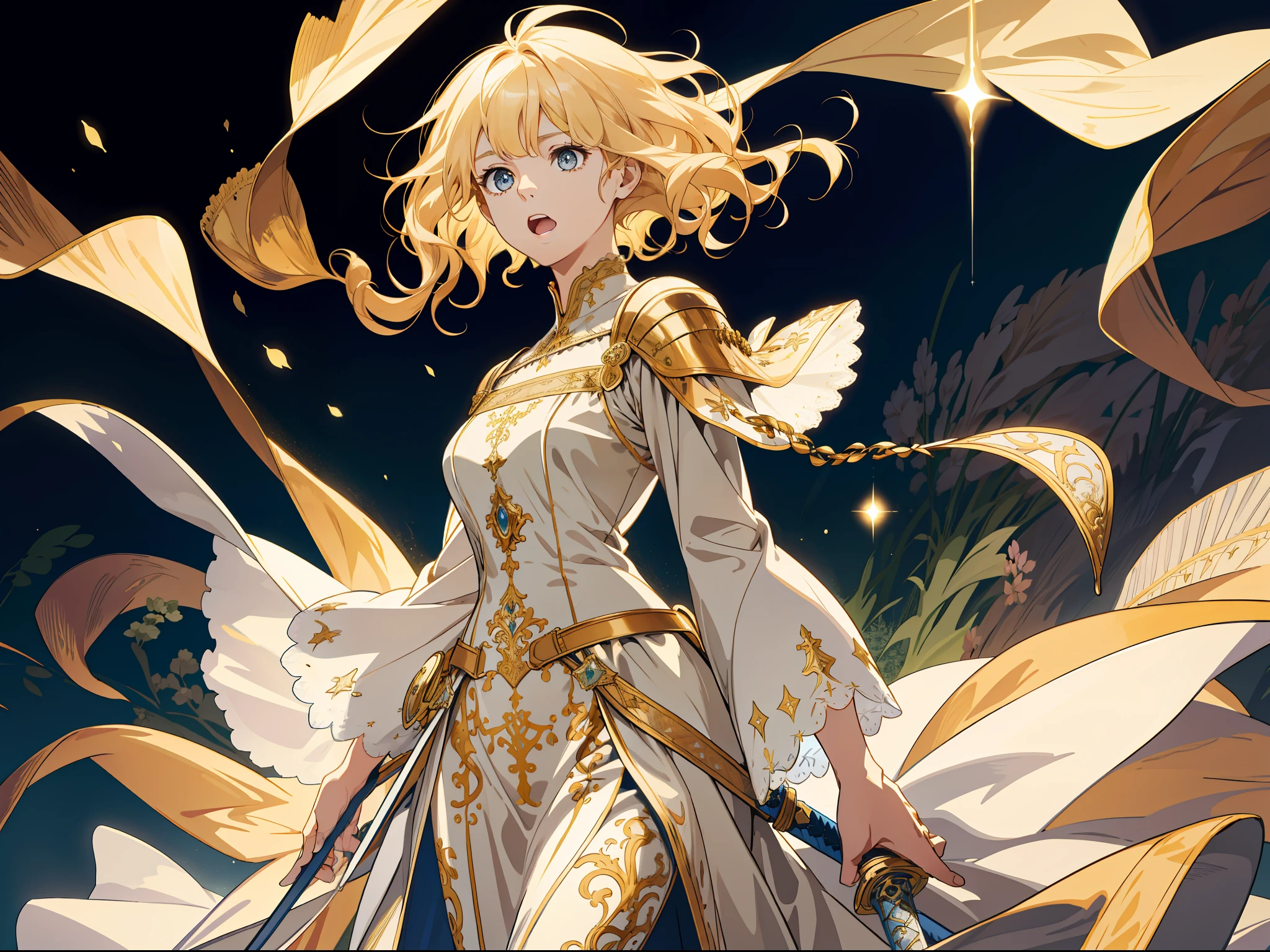 (ridiculous, high resolution, super detailed), full body, 1 female, girly, beautiful, delicate eyes and delicate face, delicate, (surprised), open mouth, (short wavy hair: 1.2), blonde, looking ahead, medieval attire, hair over shoulder, golden streamer, a sword behind the back, magic, magic formation, monotonous background