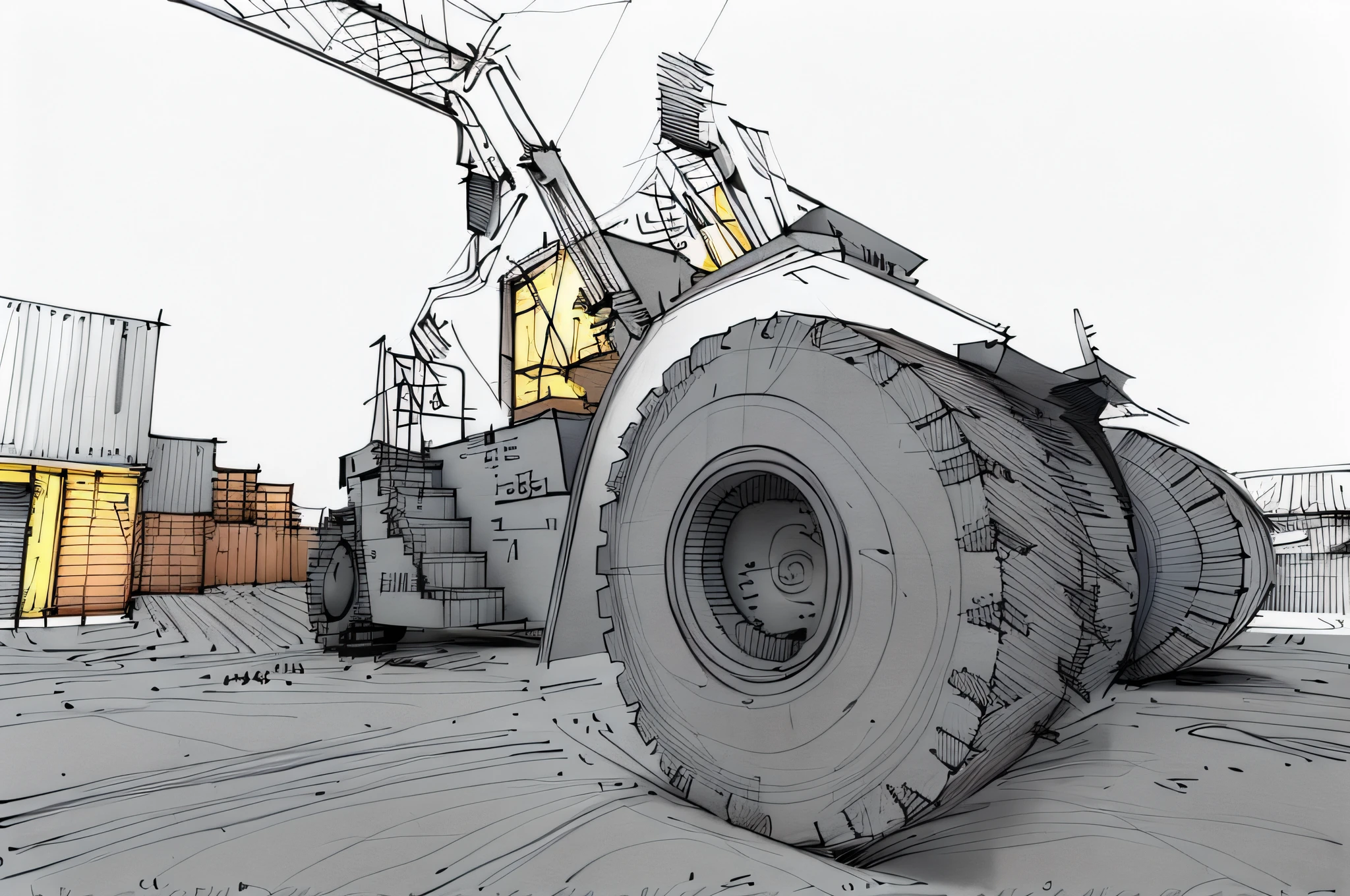 linear, gray, white background, simple background, sketch, sketch, pen_sketch_style, there is a large bulldozer that is parked in front of the truck, lifting the container, loading, heavy machinery, large shovel, mining scrap metal, gravel, hard work, massive construction machines
