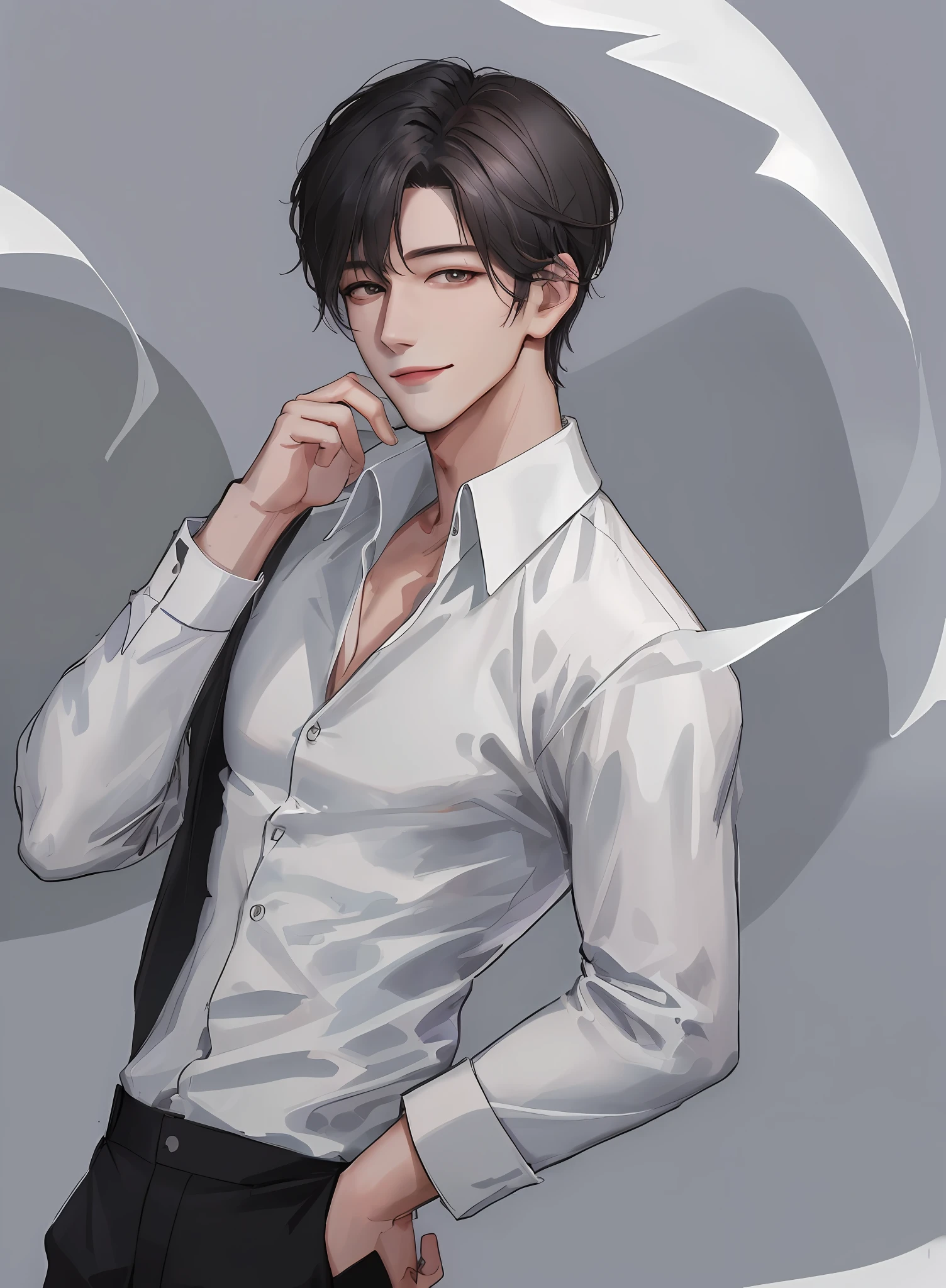 masterpiece, best quality, realistic, 1man, male focus, tall, handsome, smile, closed mouth, white shirt and black pants, portrait, extremely detailed face, autumn halloween season,korean face, idol face, sharp eyeline, short gray hair, cinematic lightning, foggy background with mapel leaves,