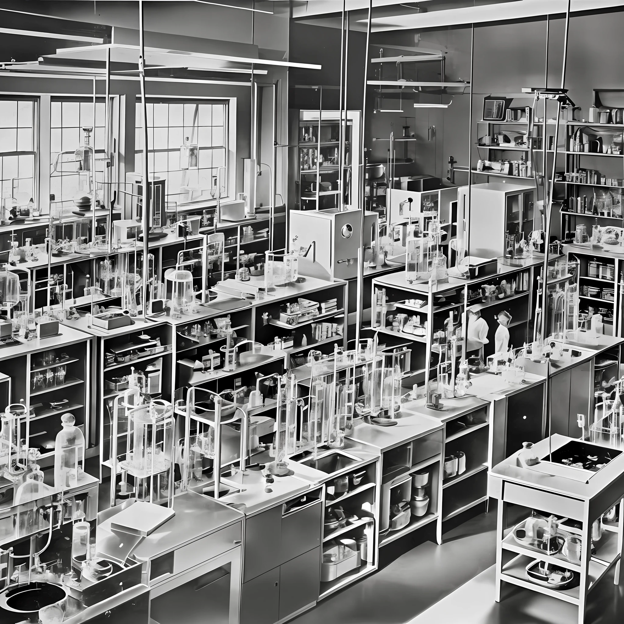 black and white painting of a science lab 1970 --auto --s2