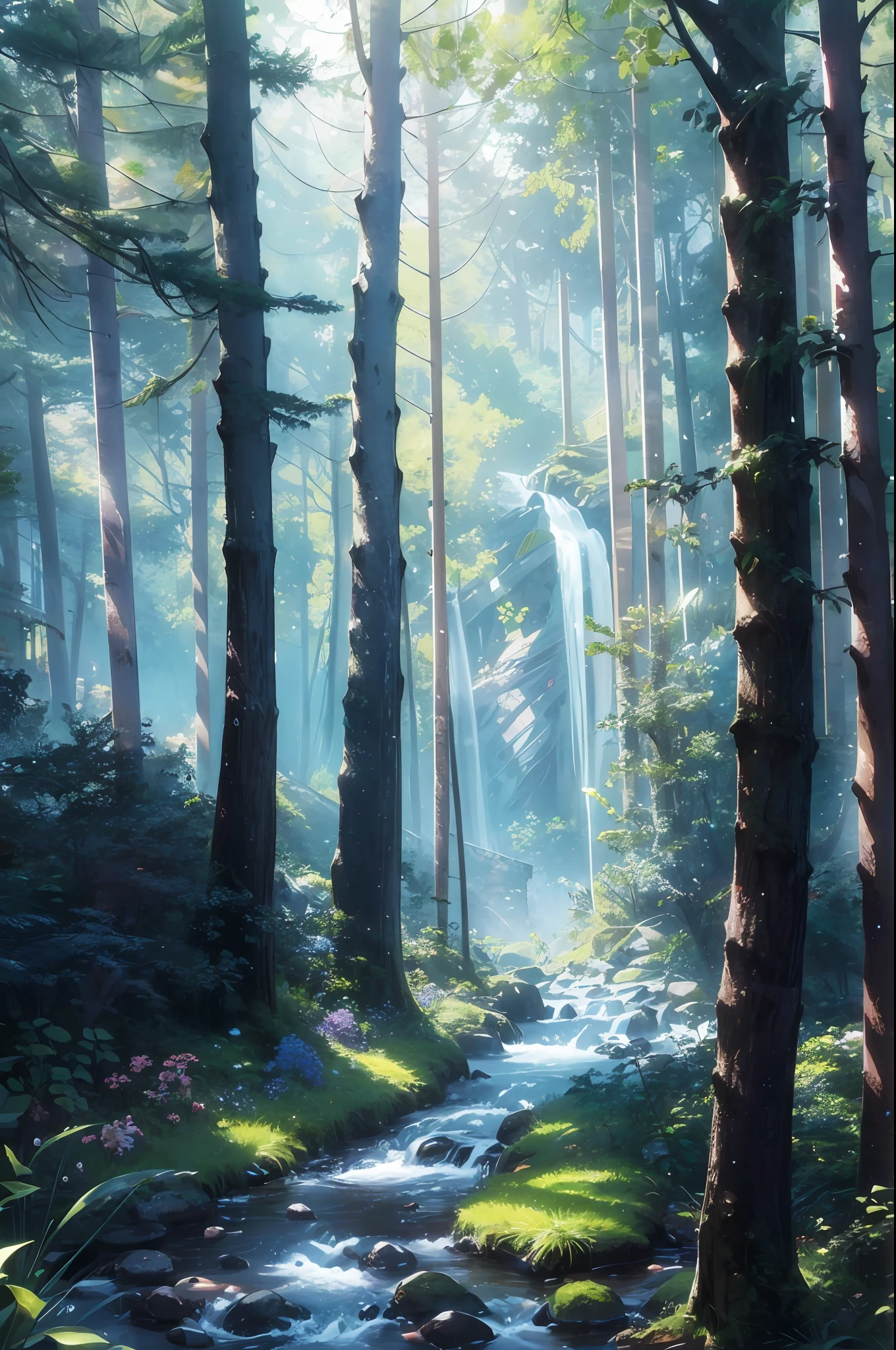 high res, ultra detailed, (no human:1.3), BREAK , Create an image using a rainbow prism effect, with light refracting and creating ethereal cinematic appearance. BREAK , Design an image with a cinematic lens , capturing a wide field of view with a distinctive, curved perspective. BREAK , Capture a dense forest path, with aged thick trees, rocks, streams, waterfall,trees with colorful flowers,dappled sunlight, and a sense of tranquility and natural beauty. BREAK , Illustrate a ethereal world, using only ethereal shades of nature to convey depth, emotion, and a striking visual impact --auto --s2