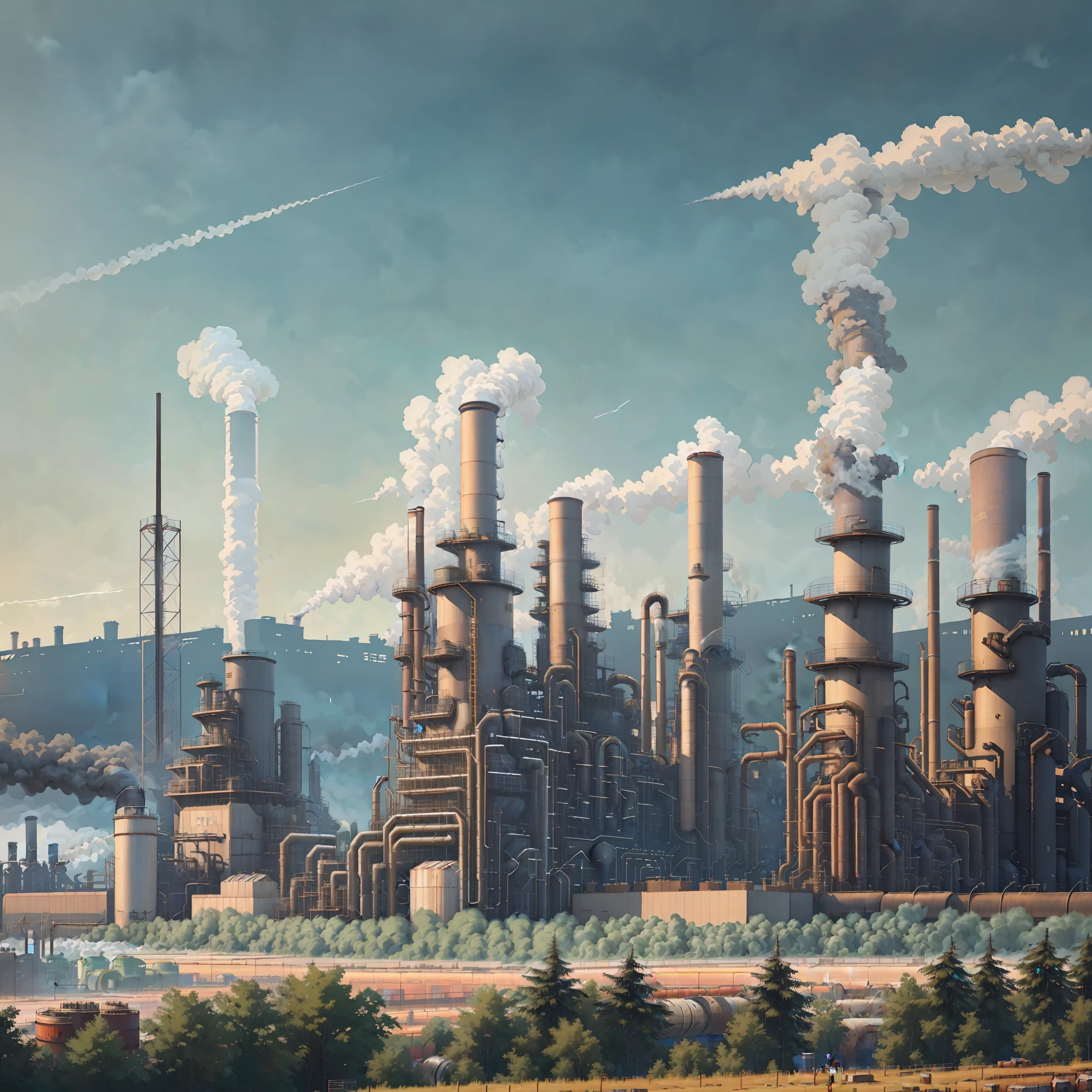 there are many smoke stacks in the air near a large factory, chemical plant, industrial complex, industrial factory, industrial plant environment, power plants with smoke, industrial environment, industrial surrounding, factories and nature, industrial setting, industry, factory background, industrialization, industrial background, matte painting of steam machines, industrial, highly detailed scene, steam pipes, industrial pipes